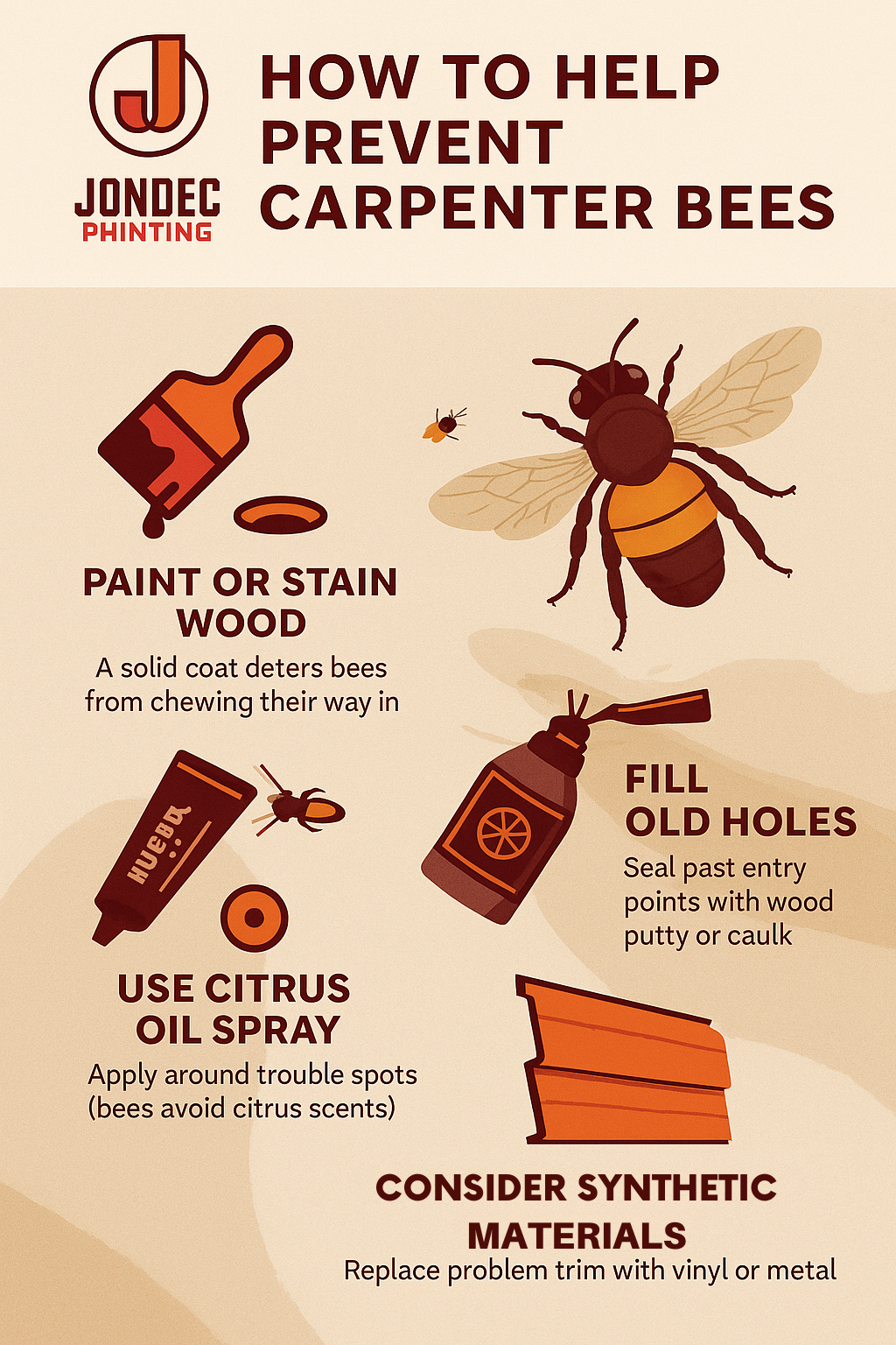 Tips poster on preventing carpenter bee damage: paint, citrus oil spray, fill old holes, use synthetic materials.