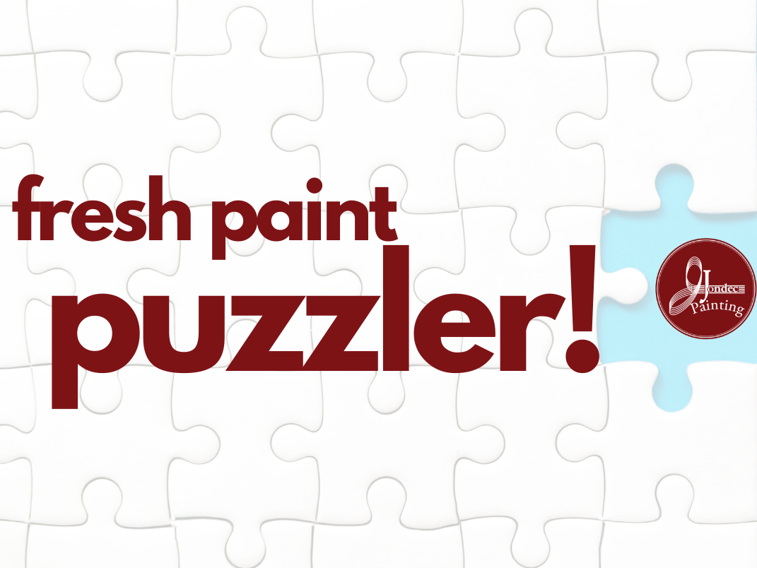 Fresh Paint Puzzle! title on white jigsaw puzzle background, with blue and red accent pieces