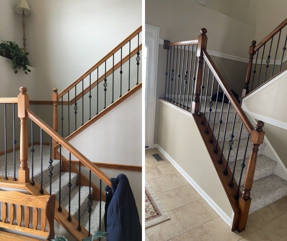 Two views of an indoor staircase with wood handrails, black iron balusters, and carpeted steps.