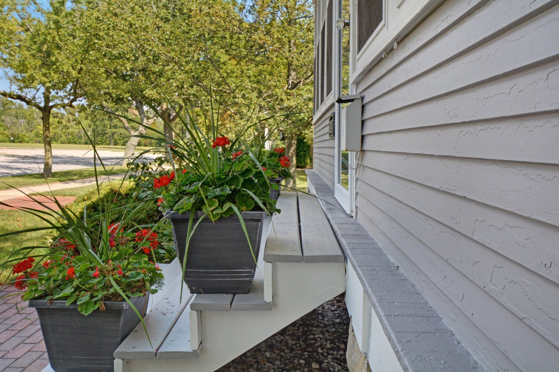 Potted red flowers on white steps beside a house exterior and green lawn