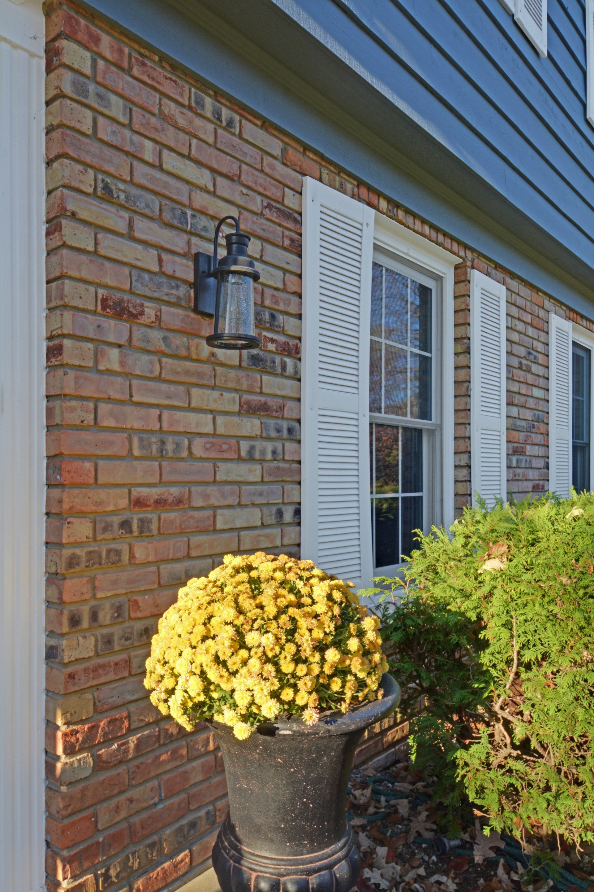 Brick house exterior with white shutters, wall lantern, and potted yellow flowers by the window