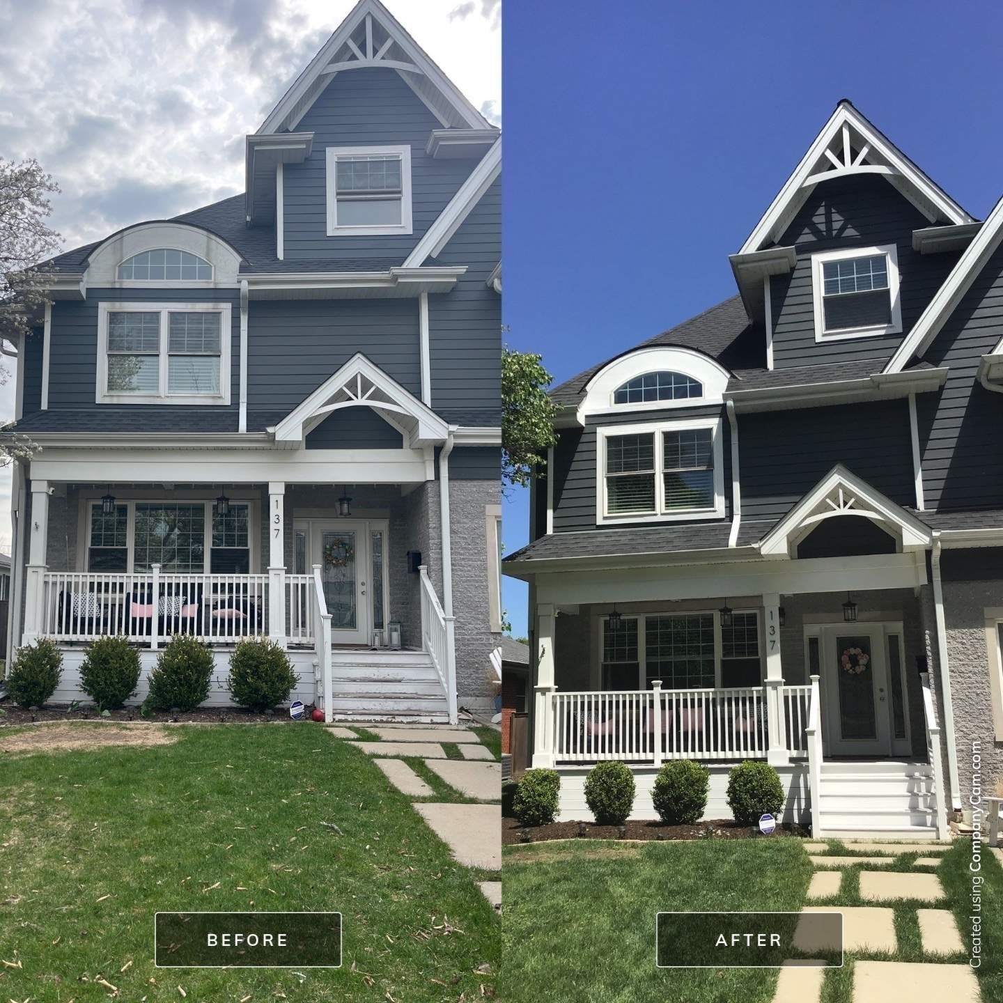 Before-and-after view of a blue house exterior with porch and peaked roof under different lighting.