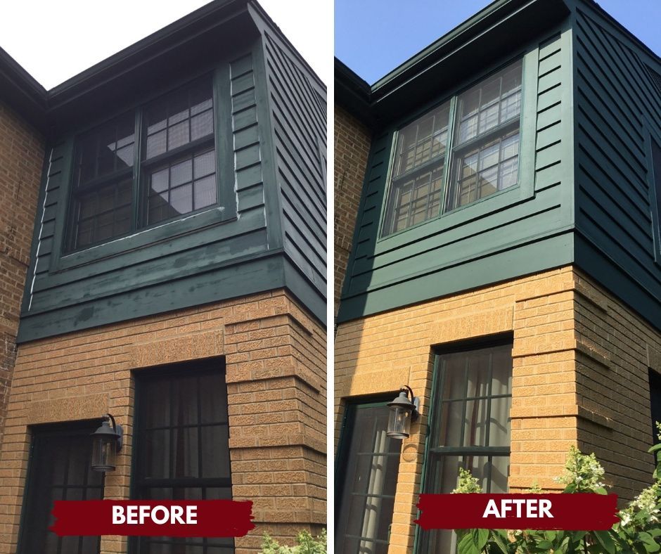 Before-and-after view of a two-story house exterior with dark green siding painted and updated above brick walls.