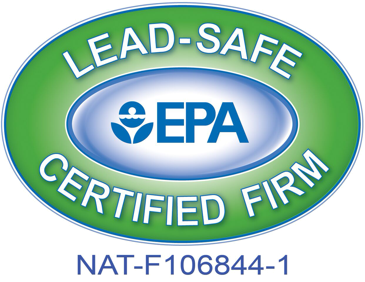 EPA Lead-Safe Certified Firm logo with green and blue oval and NAT-F106844-1 code