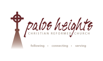 Logo for Palos Heights Christian Reformed Church with cross, church steeple, and motto “following • connecting • serving”