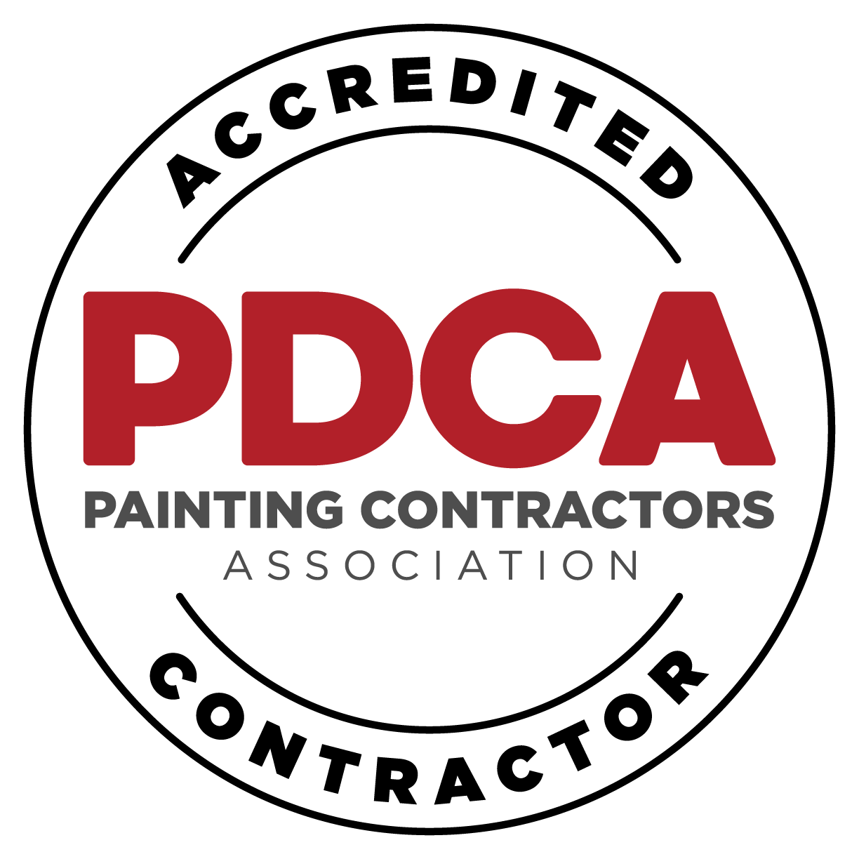 PDCA Accredited Contractor logo in red and black, with Painting Contractors Association text inside a circular seal