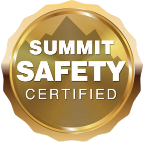 Gold circular badge reading “SUMMIT SAFETY CERTIFIED” in white text