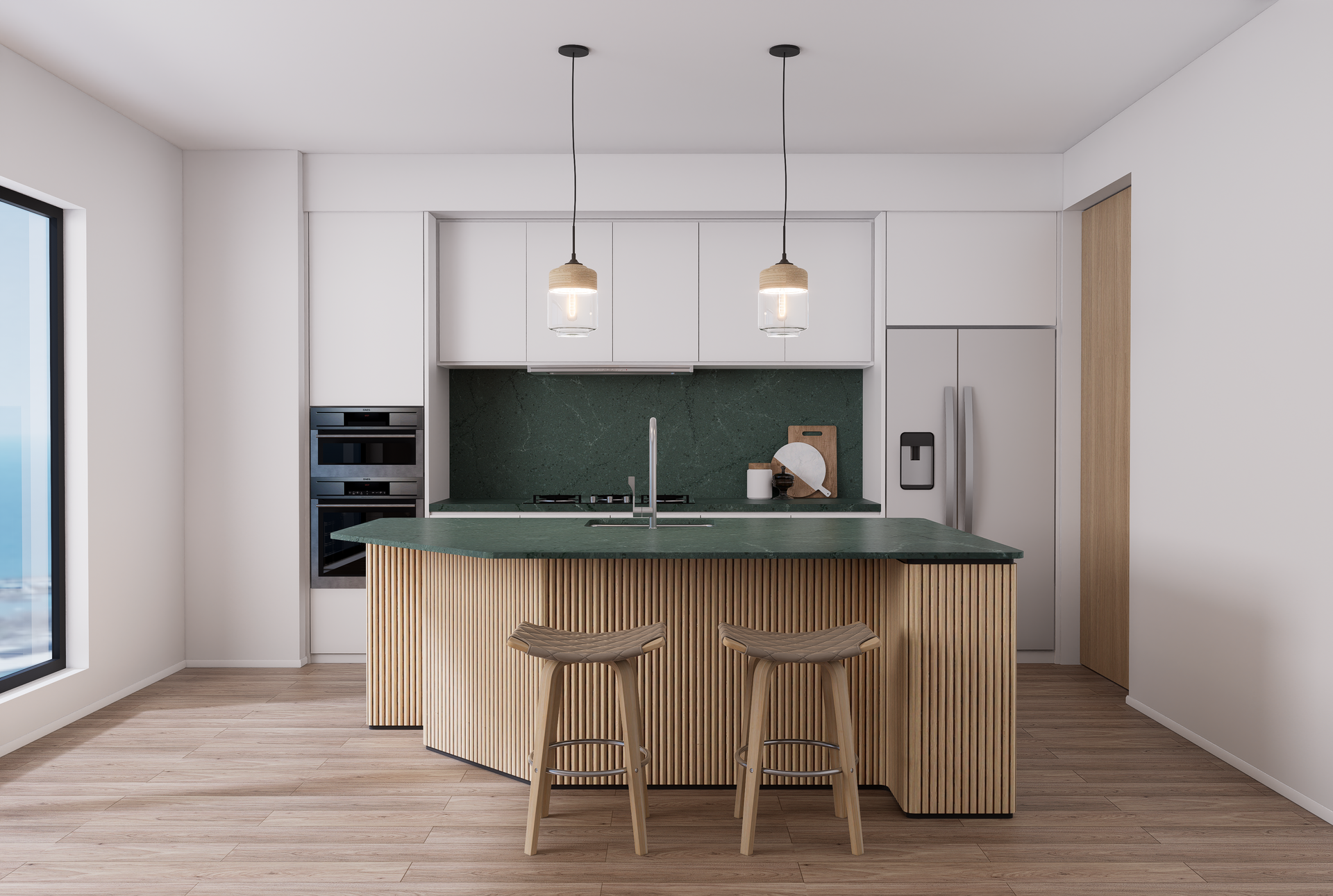 Modern kitchen with white cabinets, green countertop island, wooden stools, and pendant lights.