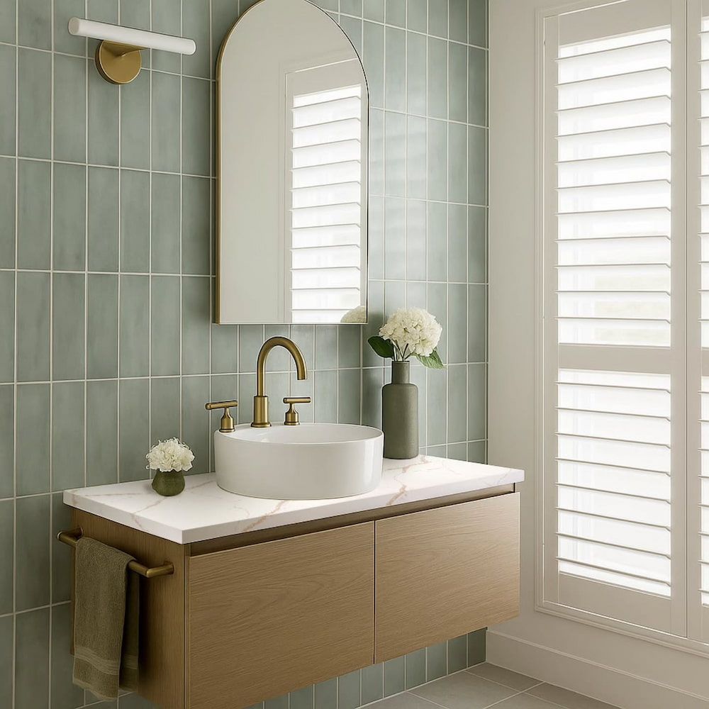 A Bathroom With a Sink, Mirror and Shutters — Better Stone in Sunshine Coast, QLD