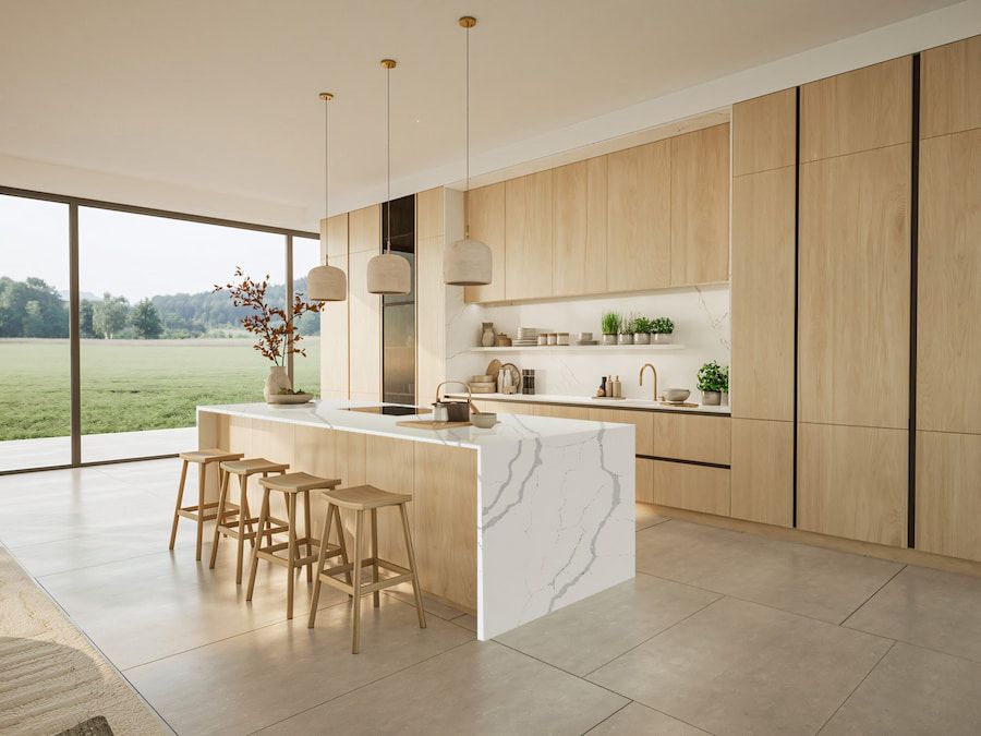 A Kitchen with a Large Island and Stools and a Large Window — Better Stone in Brisbane, QLD