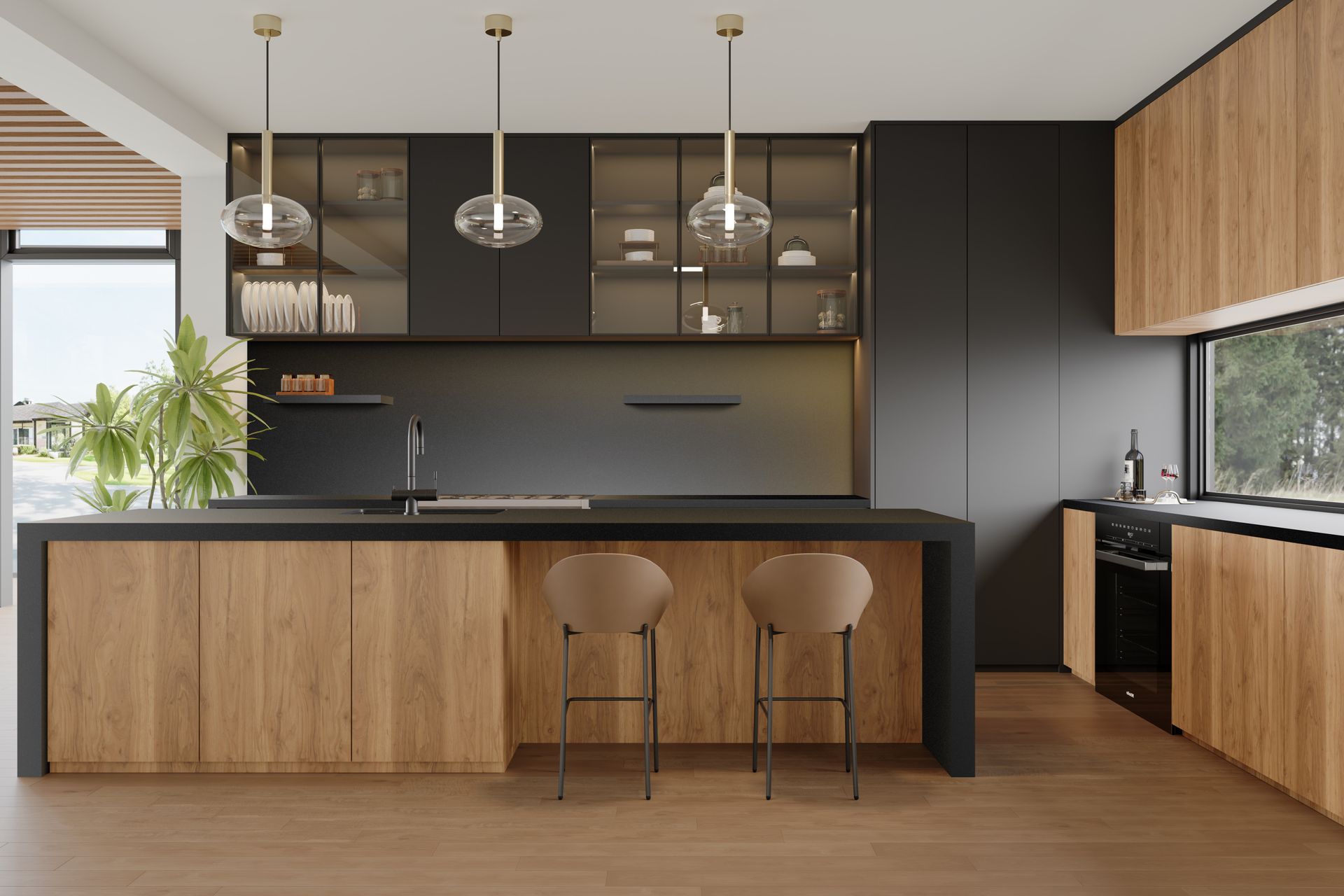 Contemporary kitchen styled with oak cabinetry, pendant lighting, and Astro Black leathered finish waterfall island.