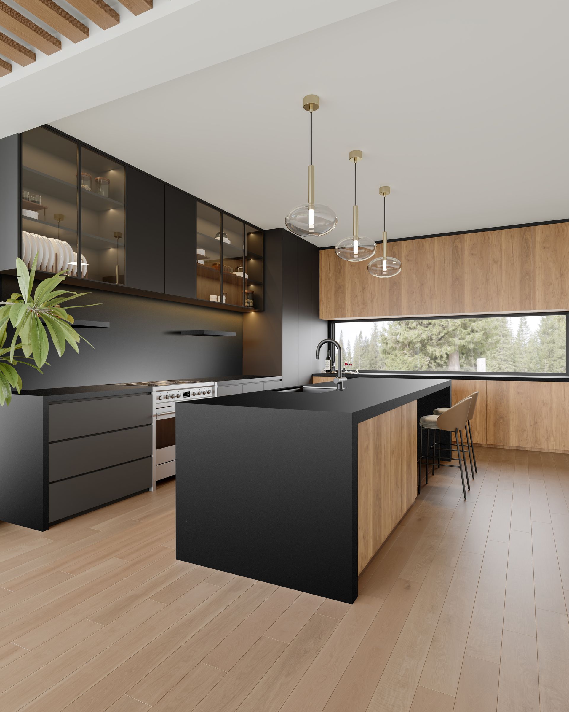 Modern kitchen with oak cabinetry and large waterfall island featuring Astro Black leathered finish stone benchtop and splashback.