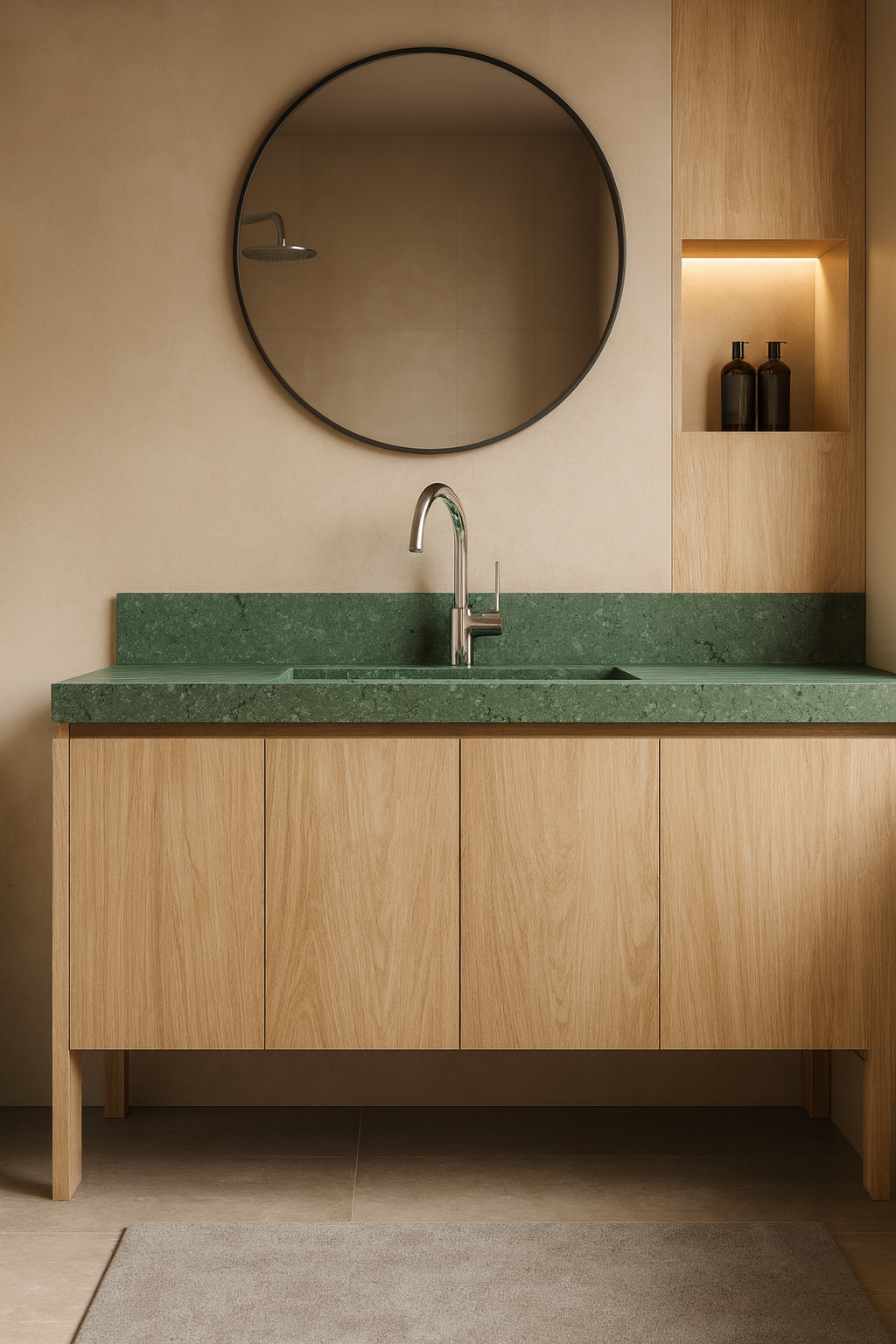 Bathroom vanity with green countertop, round mirror, and wooden cabinets.