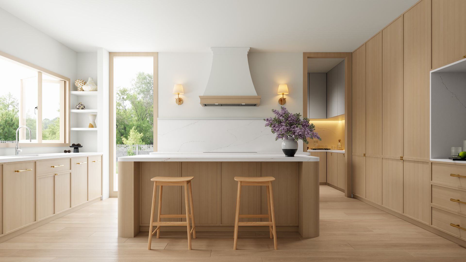 A Modern Kitchen With Light Wood Cabinetry and a White Range Hood — Better Stone in Caloundra West, QLD