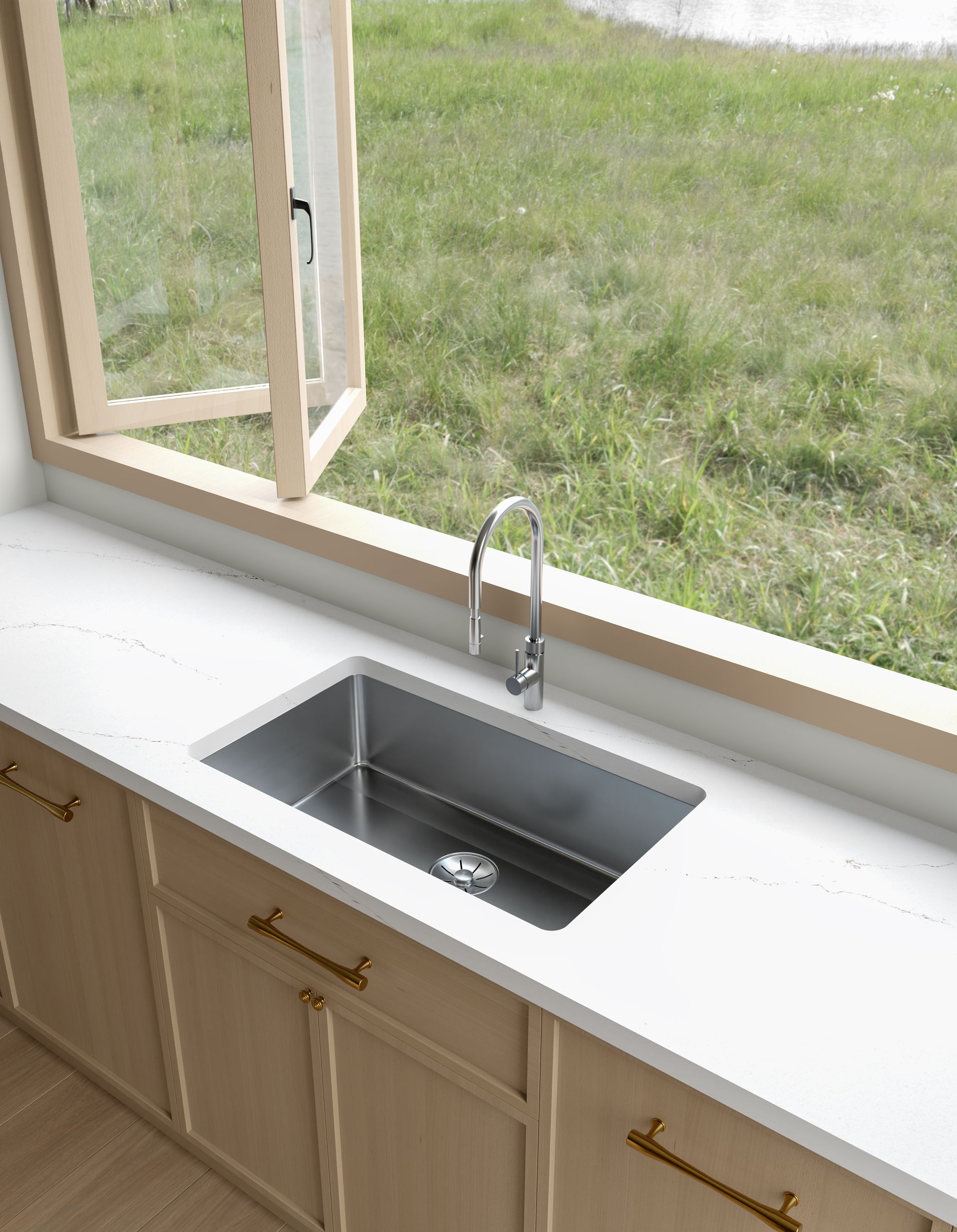 A Kitchen Sink With a Chrome Faucet Set in a Light Wood Cabinet — Better Stone in Caloundra West, QLD