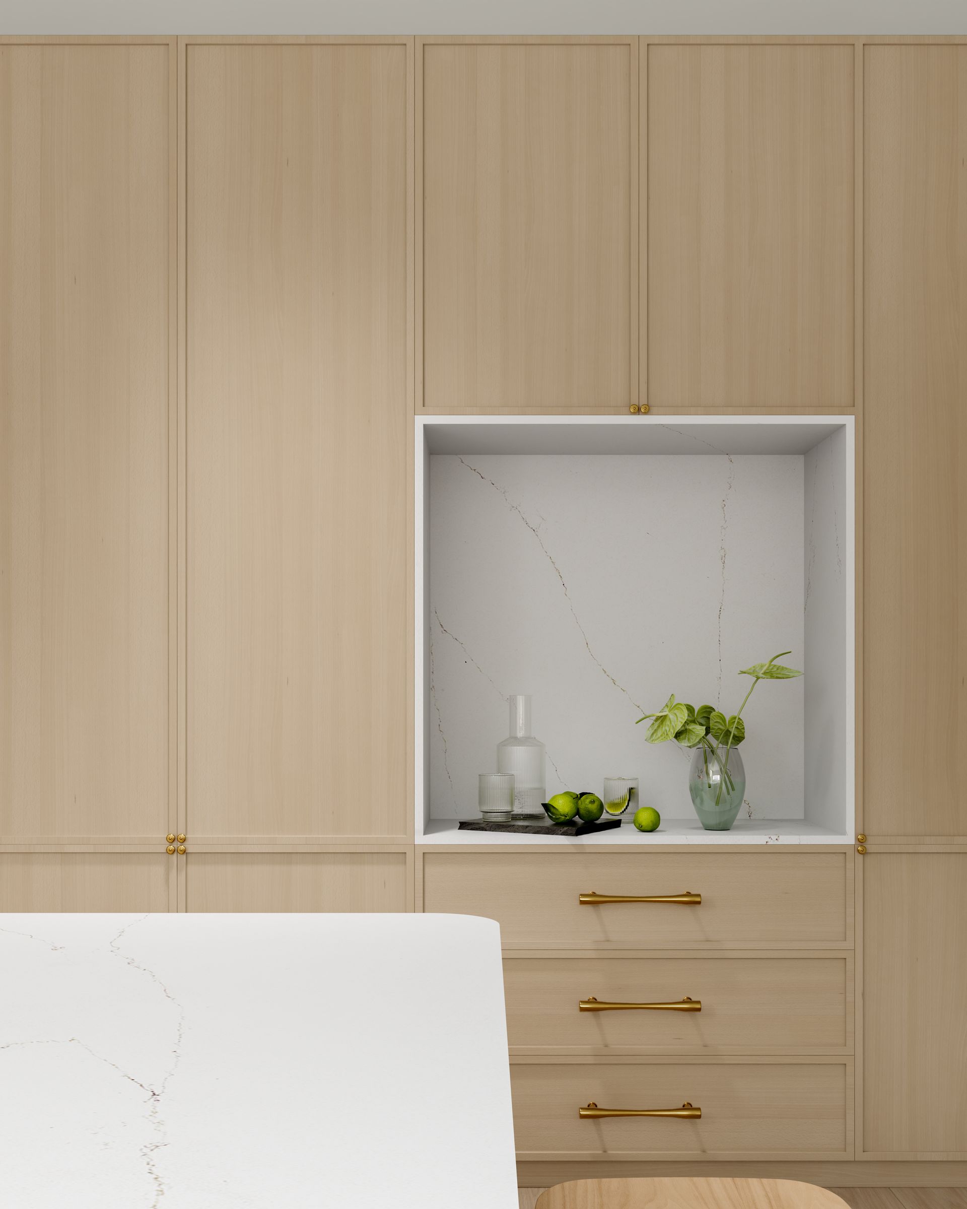 Light Wood Kitchen Cabinets Feature a Recessed White Niche With a Glass Vase — Better Stone in Caloundra West, QLD