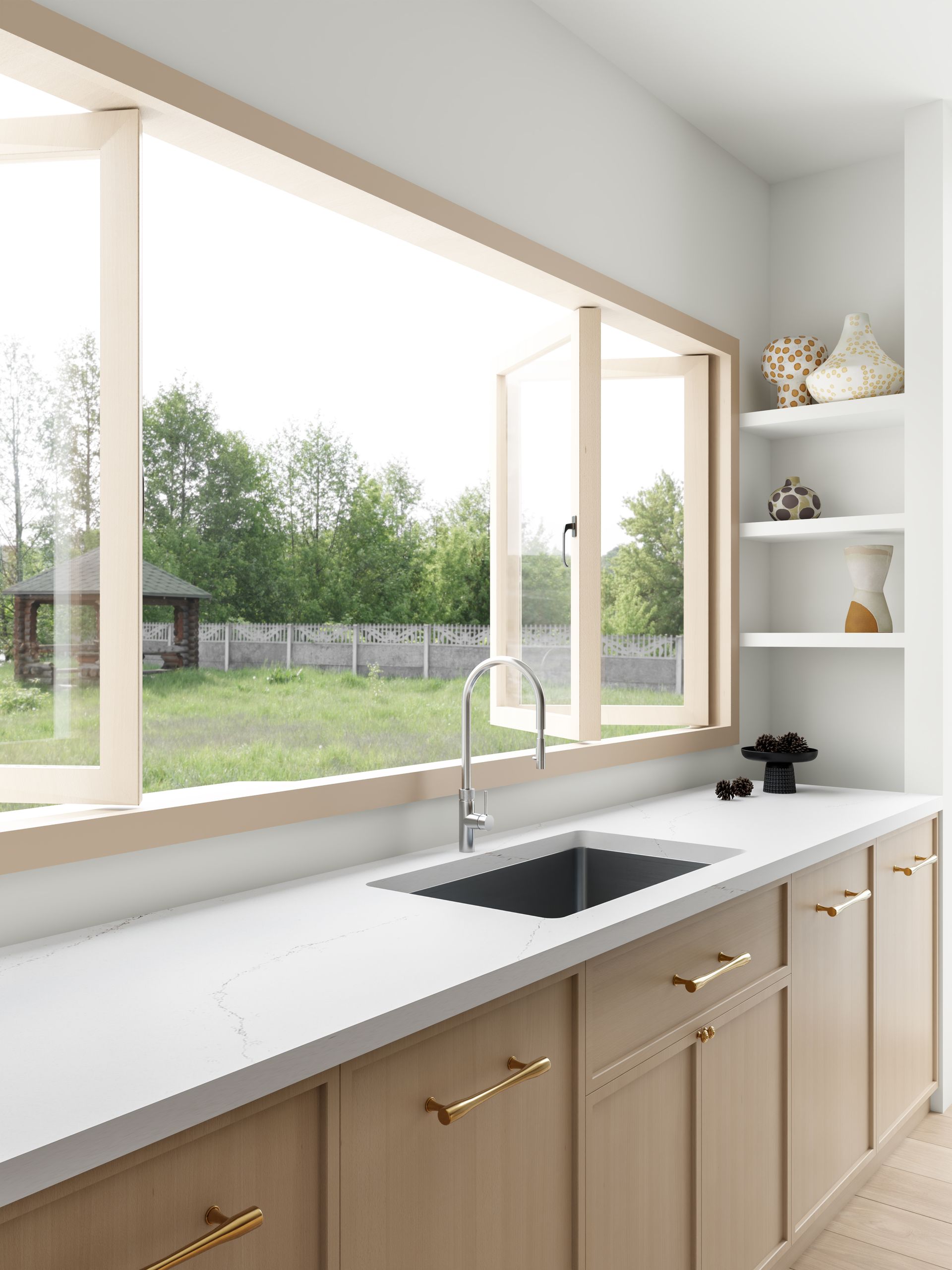 A Kitchen Sink With a Stainless Steel Faucet Beneath a Wide Window Overlooking a Yard — Better Stone in Caloundra West, QLD