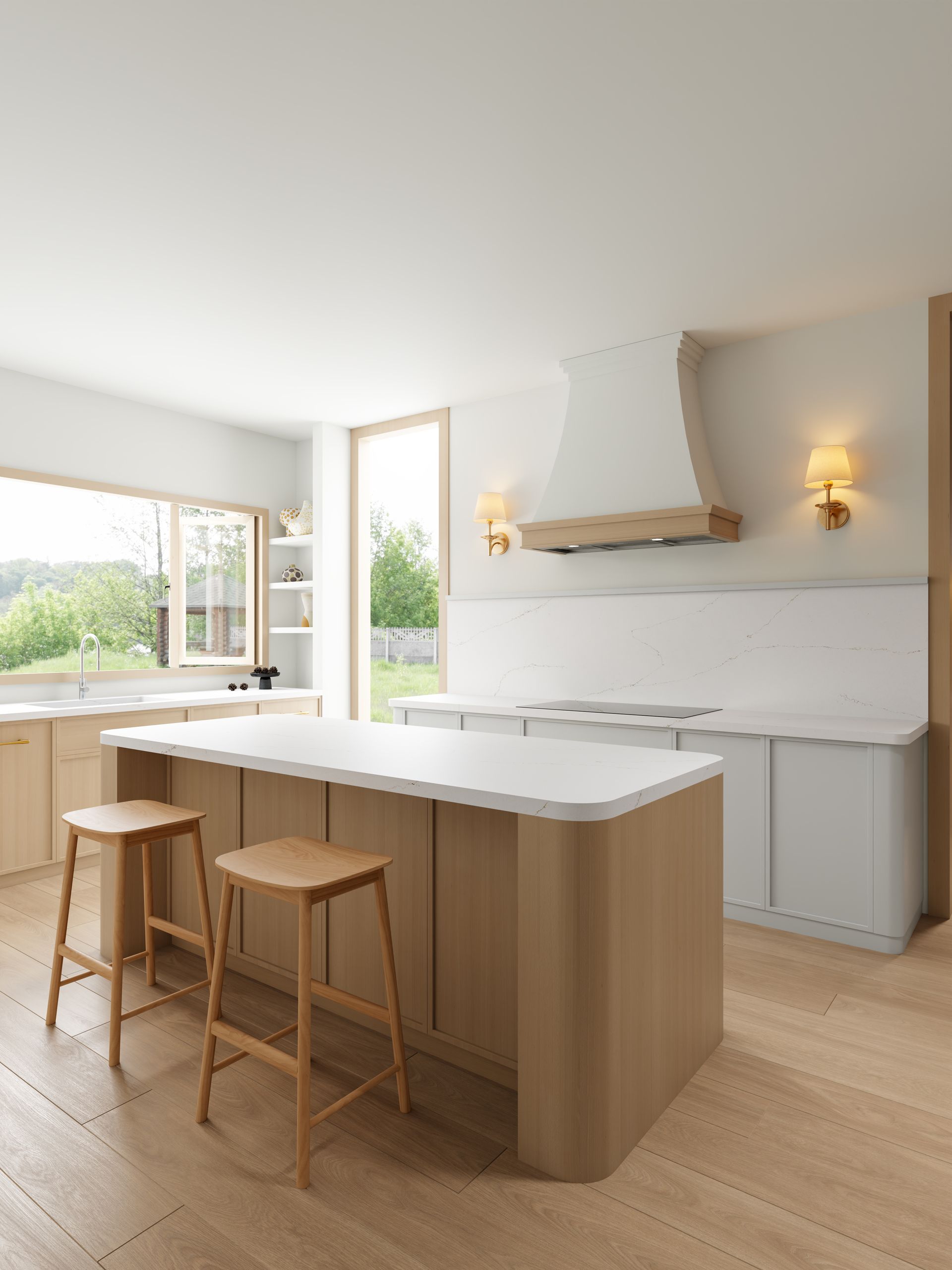 A Bright, Modern Kitchen With a Wooden Island and a Minimalist Range Hood — Better Stone in Caloundra West, QLD