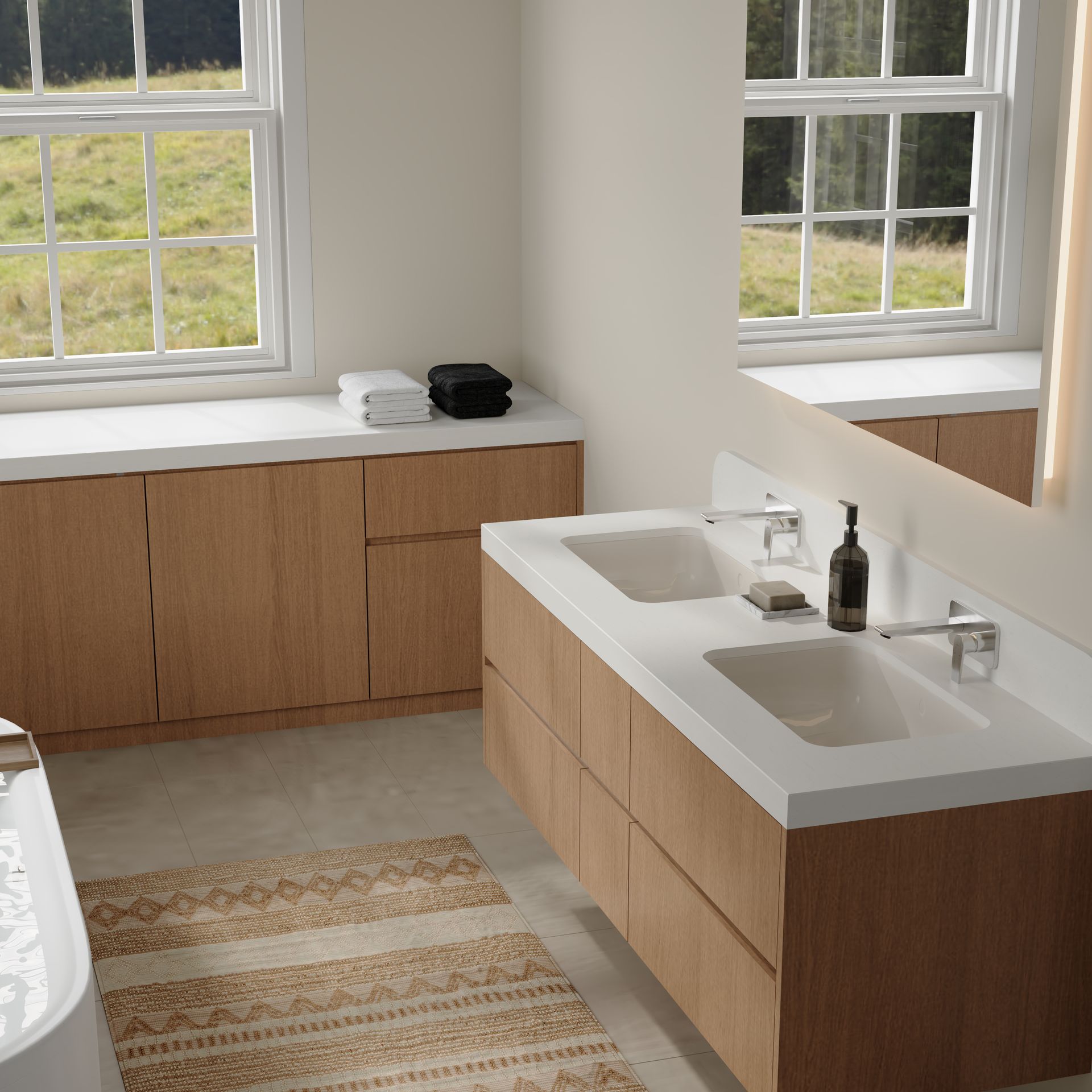 A Modern Bathroom With Light Wood Cabinets, a Double Vanity, and White Countertops — Better Stone in Caloundra West, QLD