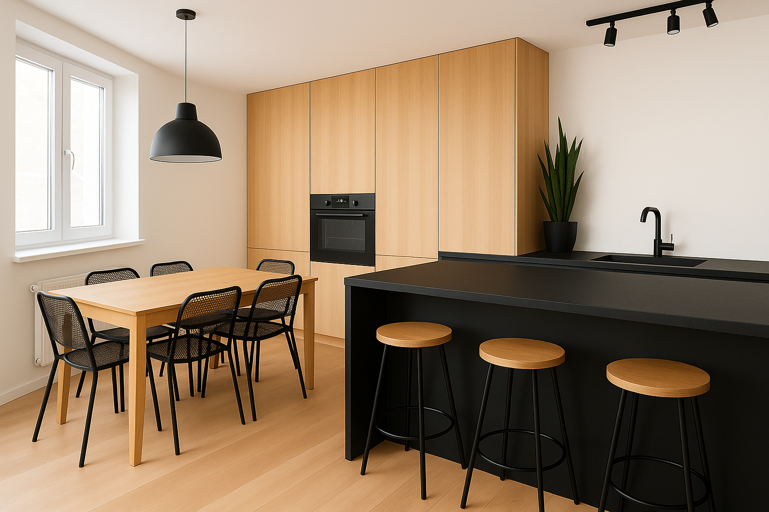 A Kitchen With a Table and Chairs and a Black Counter Top. — Better Stone in Caloundra West, QLD