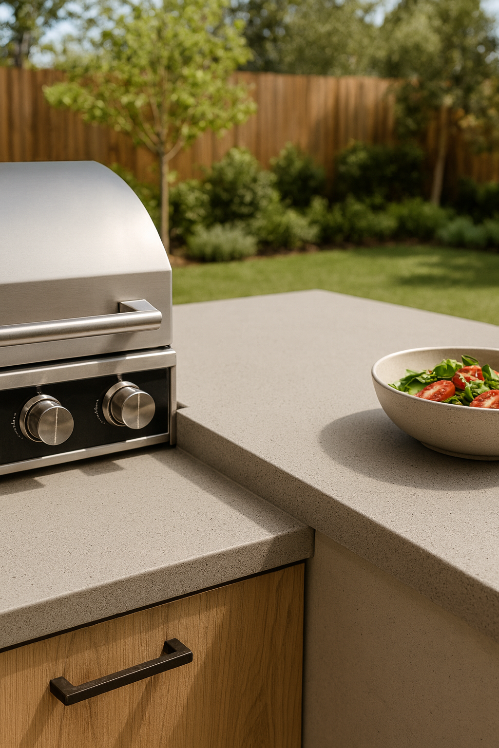 Outdoor kitchen with a grill, countertop, and a bowl of salad.