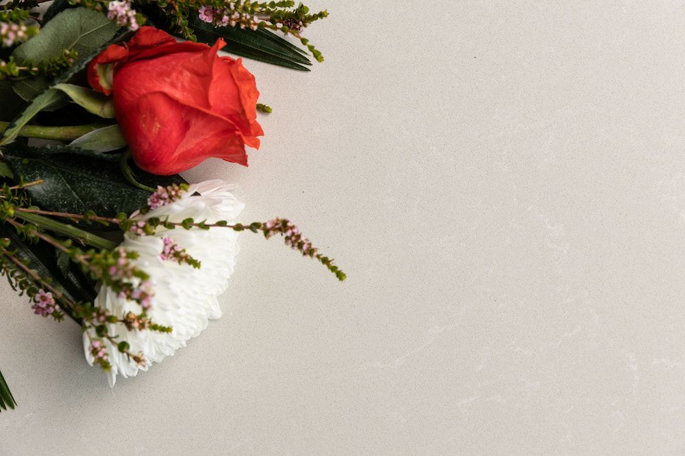 A Bouquet of Red Roses and White Flowers on a White Surface — Better Stone in Caloundra West, QLD