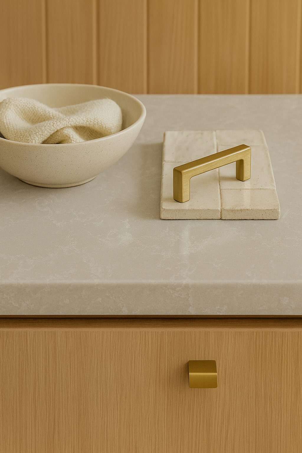 Close-up of a bathroom counter with a beige bowl, gold hardware, and a wood drawer.