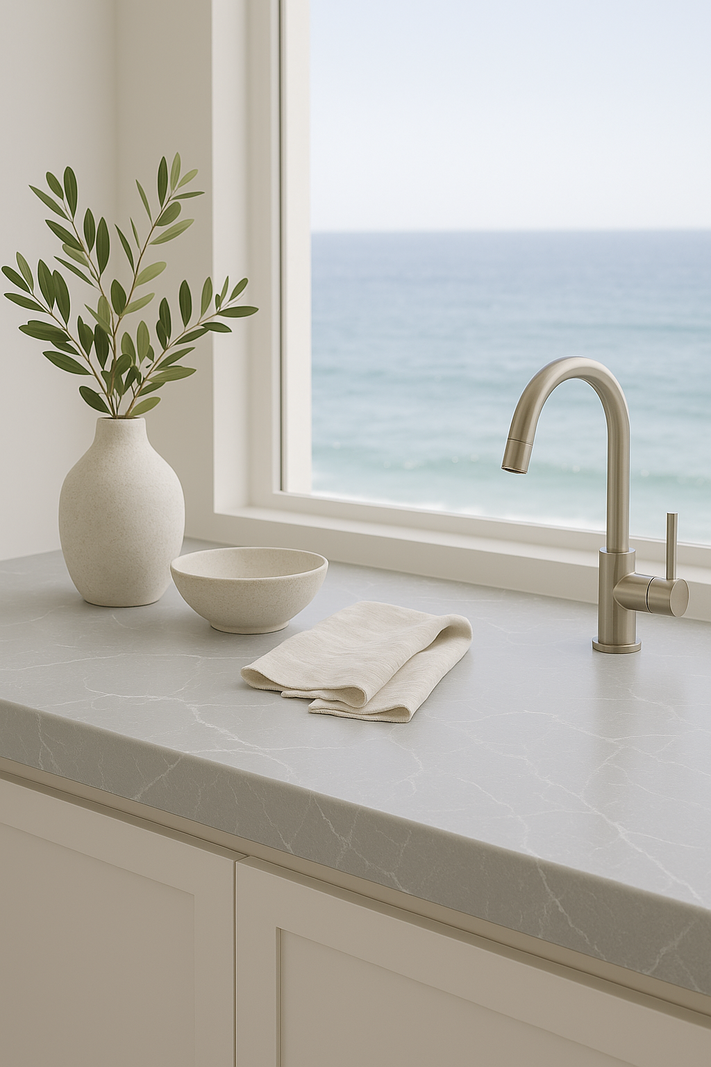 Kitchen countertop with a faucet, vase of greenery, and ocean view.