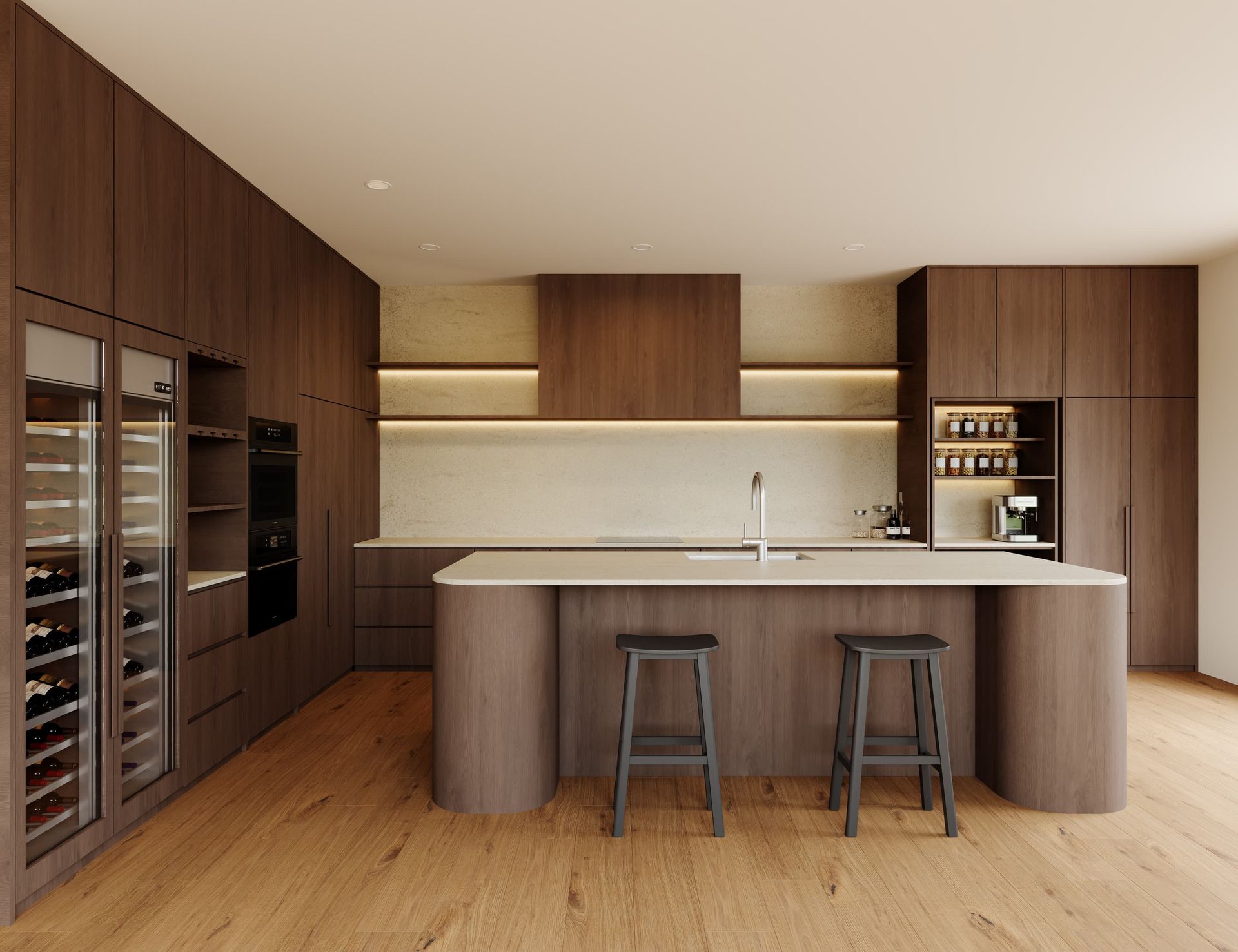 Modern kitchen with wood cabinetry, Tivoli stone island with stools, and wine cooler — Better Stone in Caloundra West, QLD