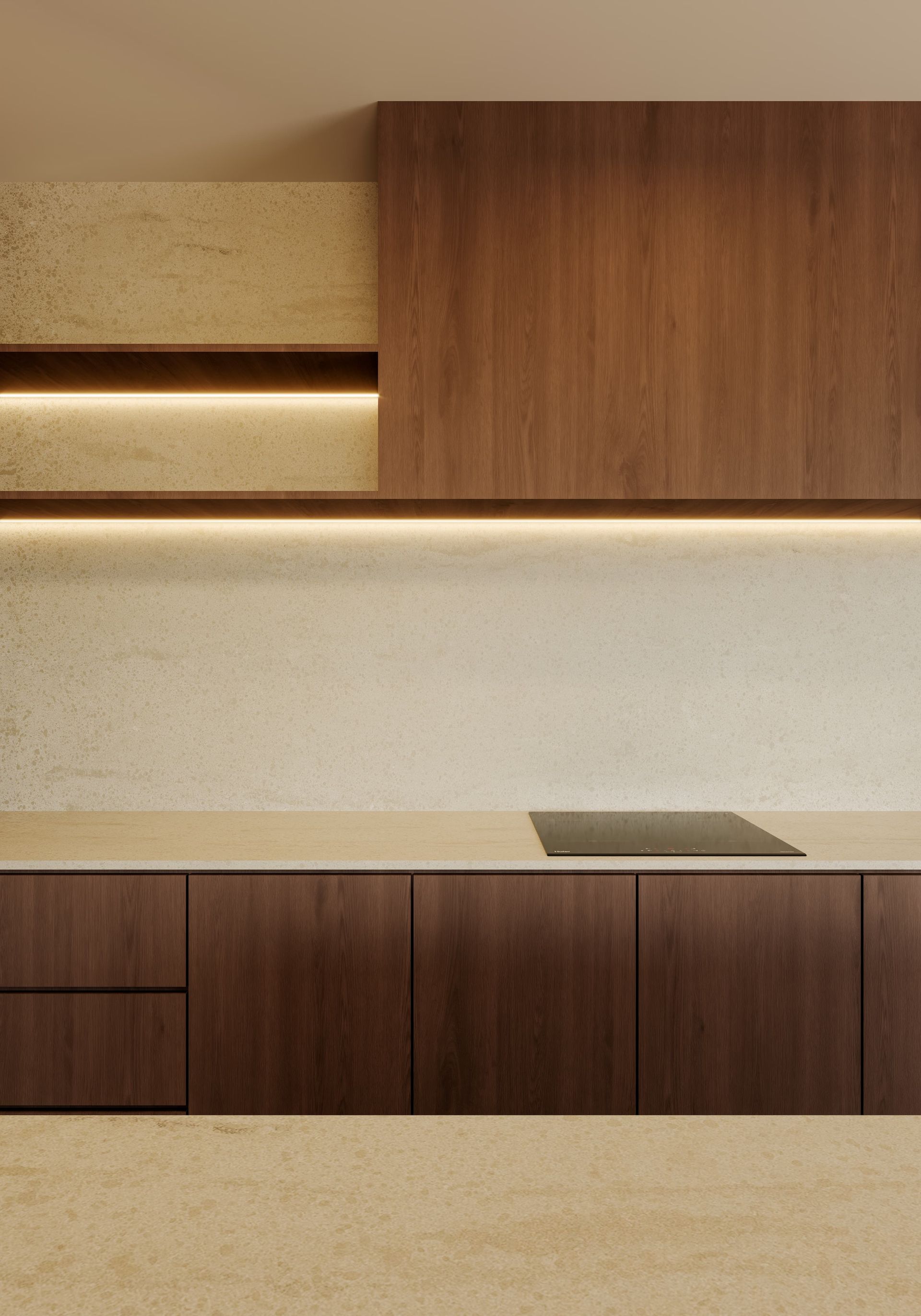 Modern kitchen with dark wood cabinets, and Tivoli coloured countertops — Better Stone in Caloundra West, QLD