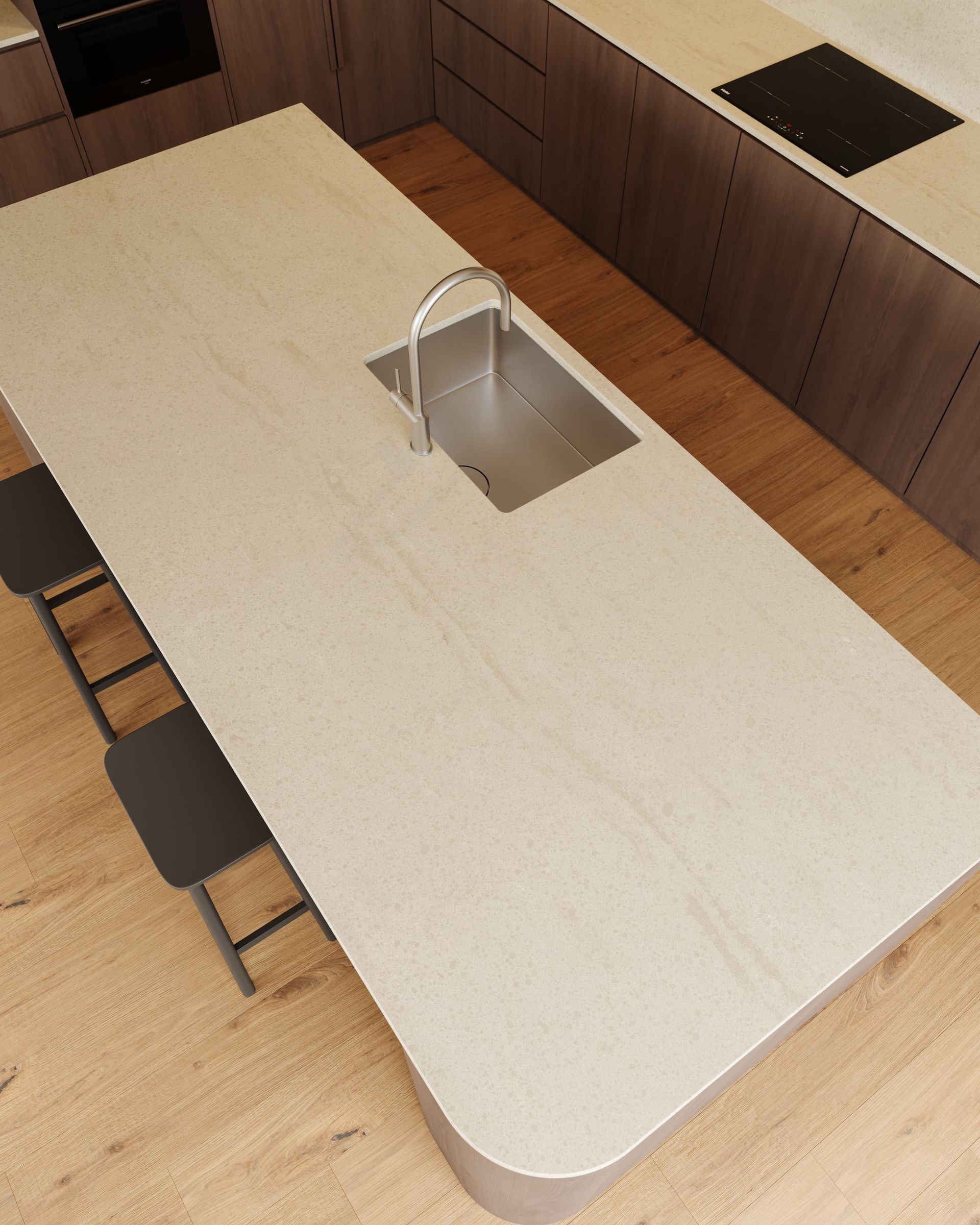 Modern kitchen island with Tivoli coloured countertop and dark cabinetry — Better Stone in Caloundra West, QLD