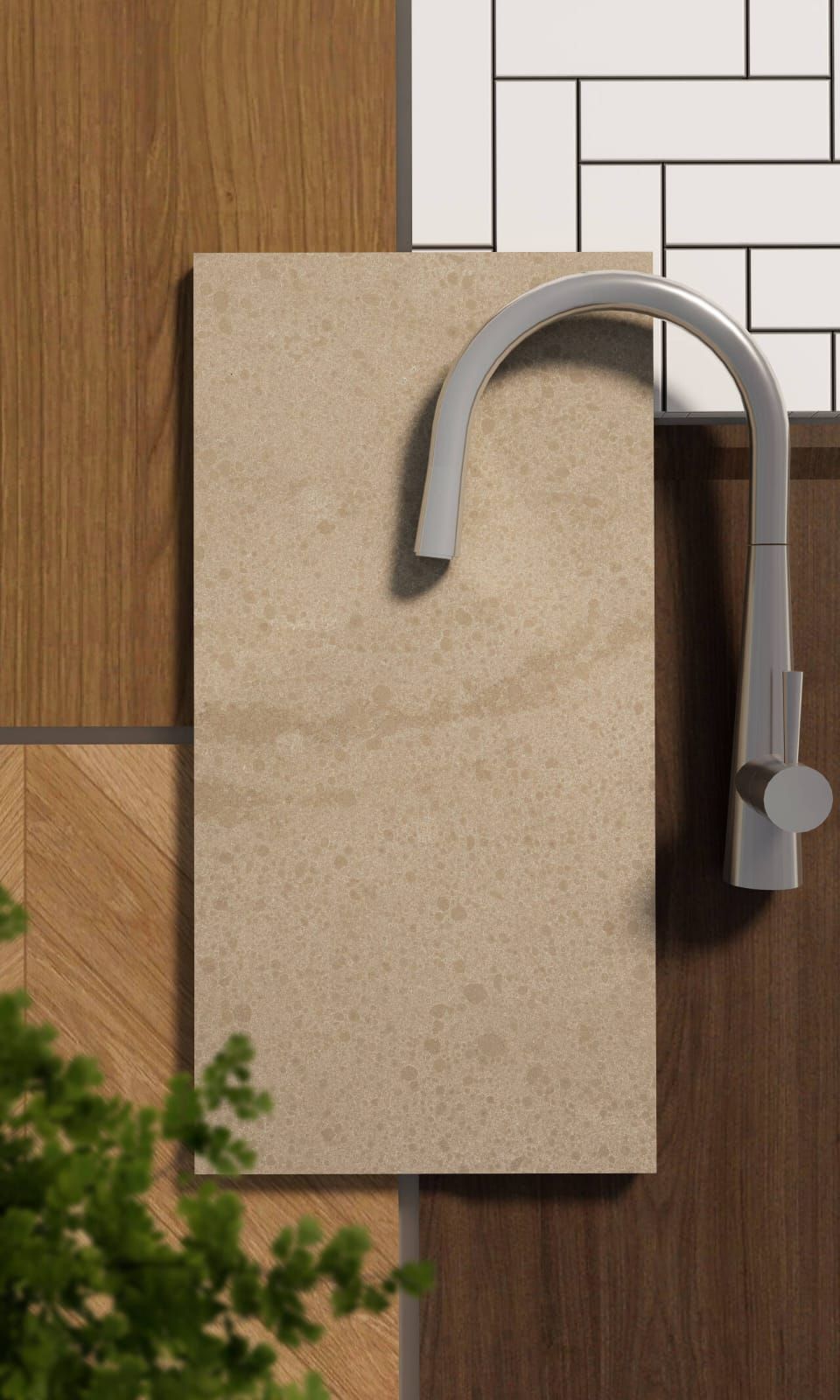 Kitchen design concept: Tivoli countertop with silver faucet, wood and white tiles — Better Stone in Caloundra West, QLD