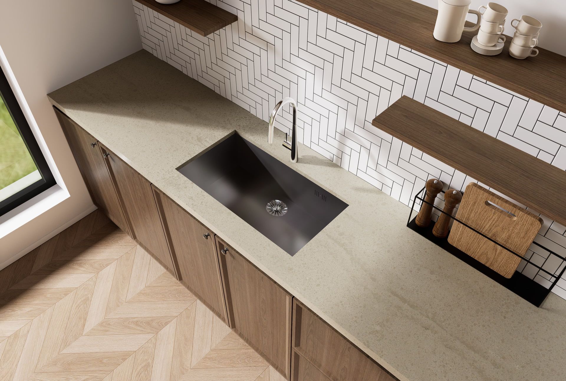 Kitchen with Tivoli colour countertop, dark sink, and wooden cabinets — Better Stone in Caloundra West, QLD