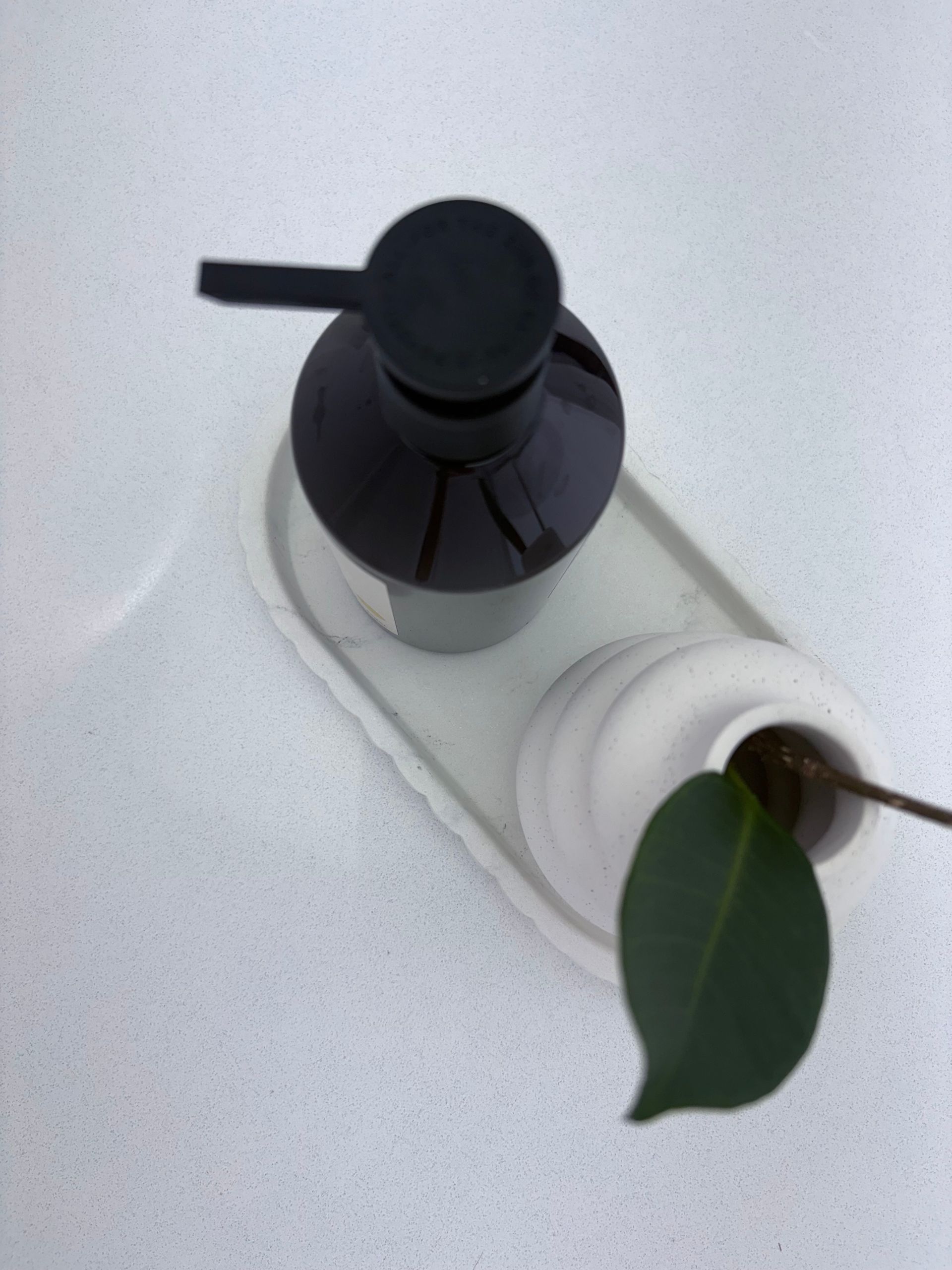 Soap dispenser and small vase with leaf on a white tray, set on a white surface.