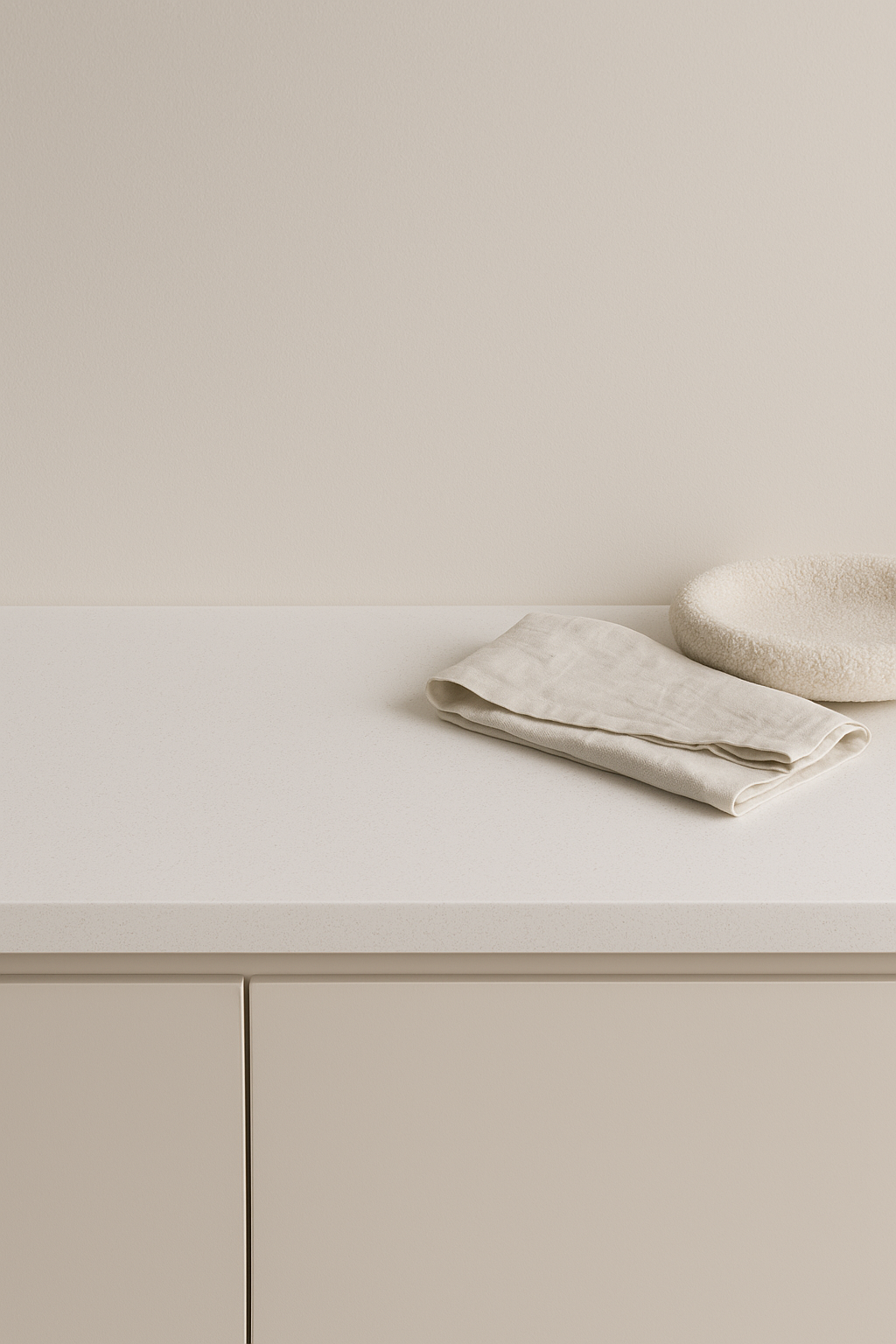 Cream-colored countertop with folded linen cloth and small bowl against a pale wall, over matching cabinet.