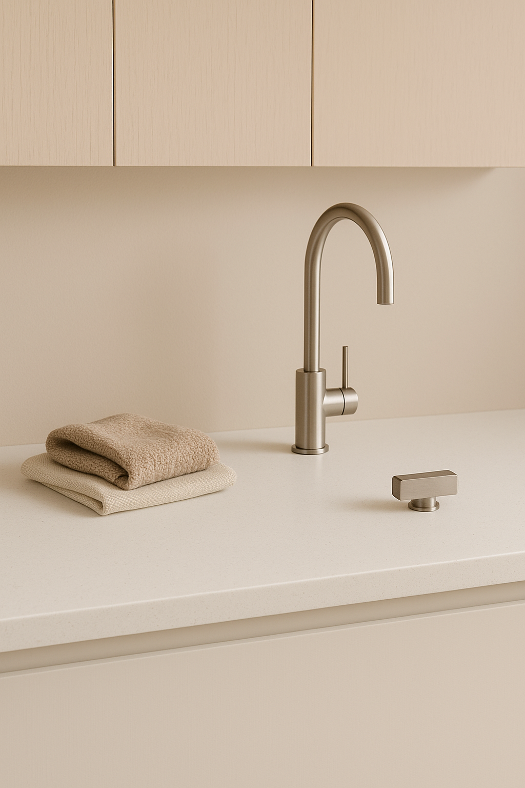 Stainless steel faucet on a white countertop with towels and a soap dispenser. Light beige cabinetry above.