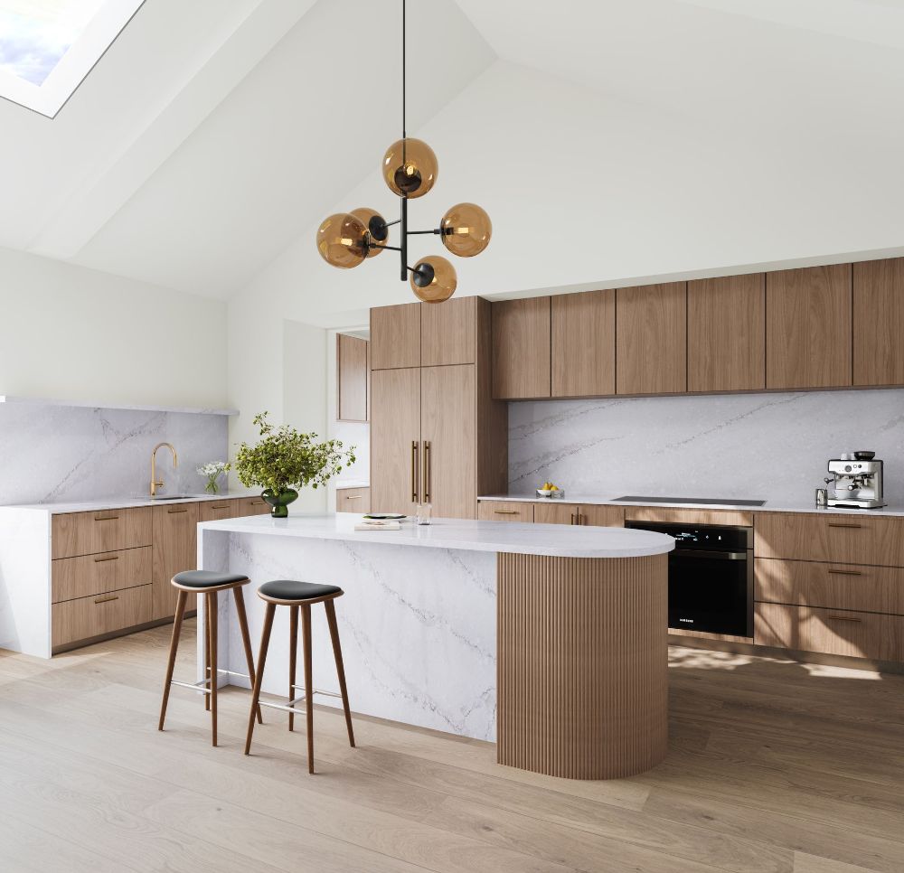 A Kitchen with Wooden Cabinets and Marble Counter Tops — Better Stone in Caloundra West, QLD