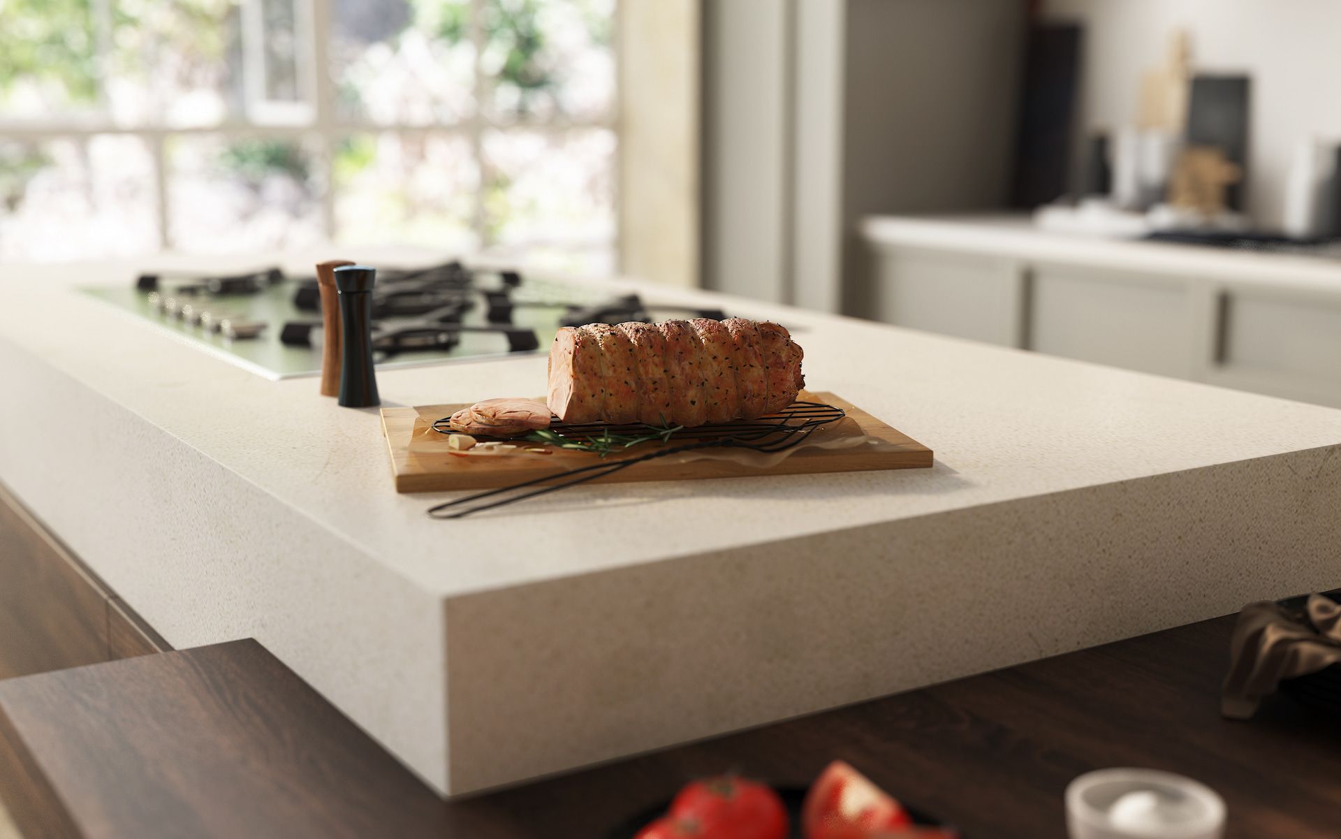 A Roast on a Wooden Board on a Kitchen Island with a Cooktop — Better Stone in Caloundra West, QLD