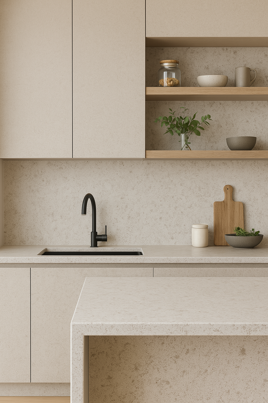 Modern kitchen with neutral tones: cabinets, countertops, open shelves, black faucet, and a food prep area.