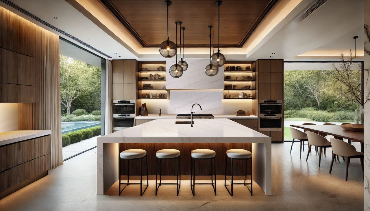 A Modern Kitchen With a Large Island and Stools — Better Stone in Caloundra West, QLD