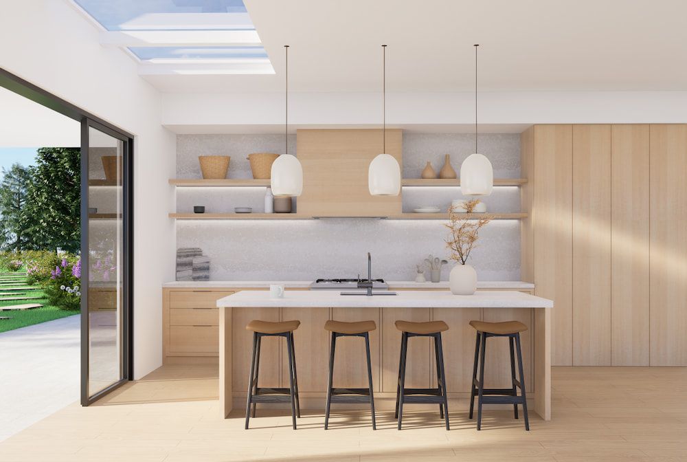 An Artist's Impression of a Kitchen With Wooden Cabinets and Stools — Better Stone in Caloundra West, QLD