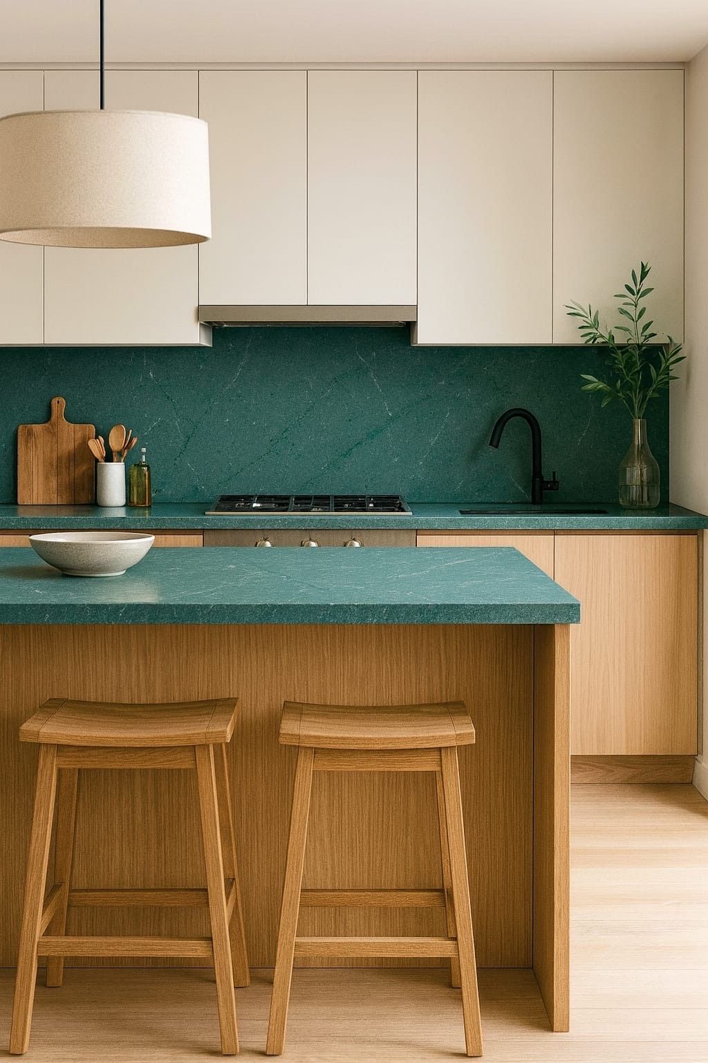 Modern kitchen with teal countertops, light wood cabinets, and two wooden bar stools.