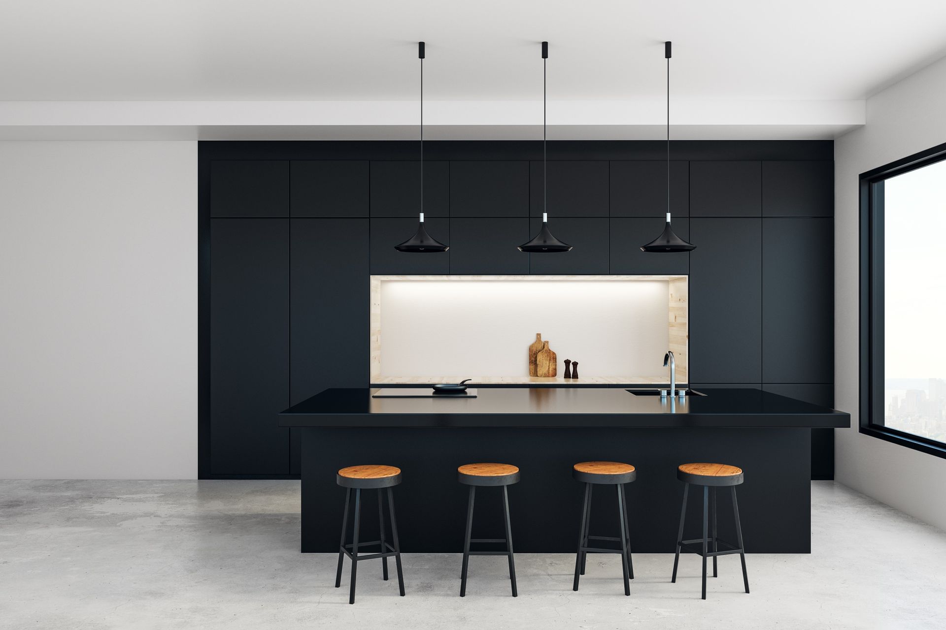 A Kitchen with Black Cabinets and Stools and a Large Island — Better Stone in Caloundra West, QLD