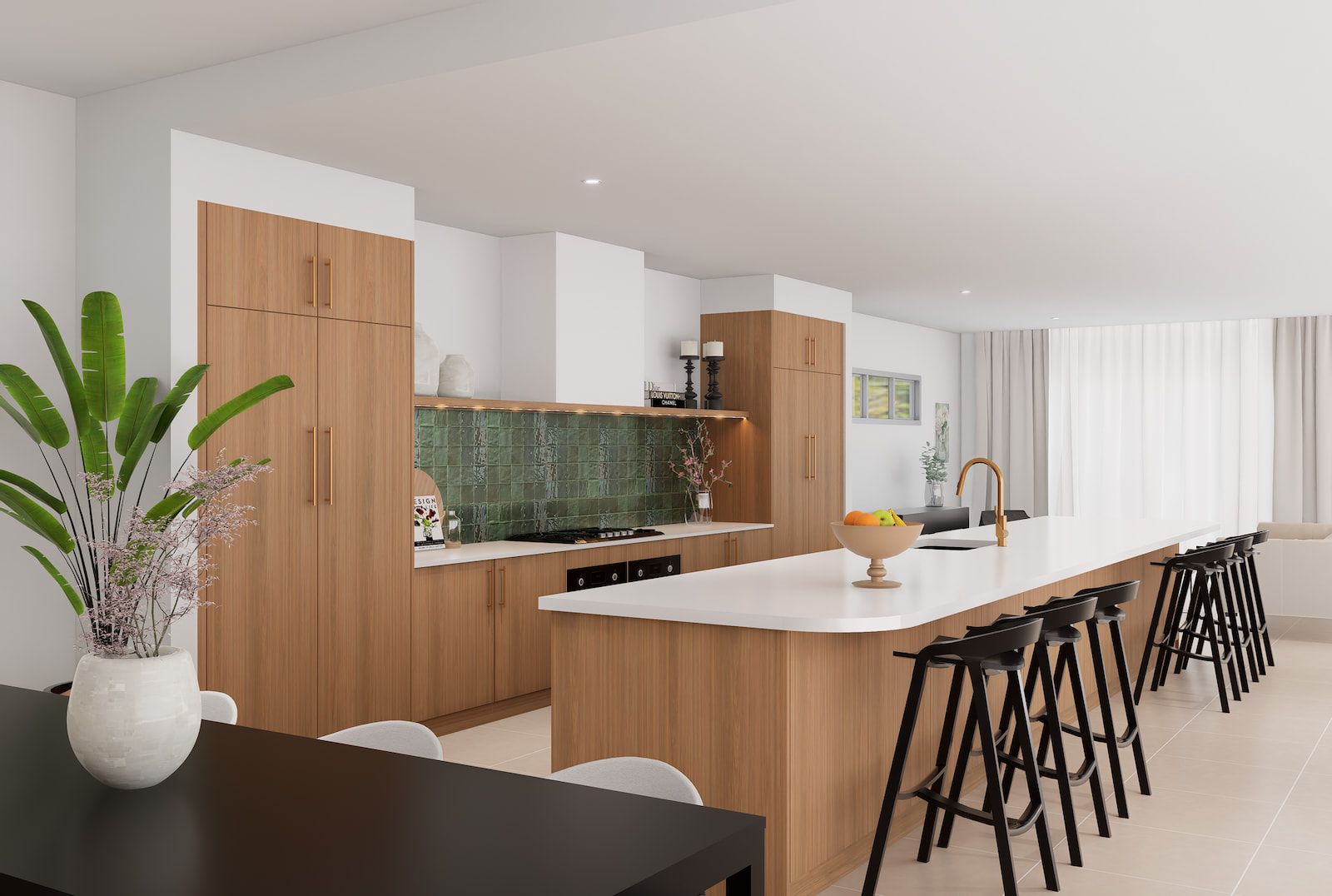 A Kitchen With Wooden Cabinets, a Large Island, Stools and a Table — Better Stone in Caloundra West, QLD