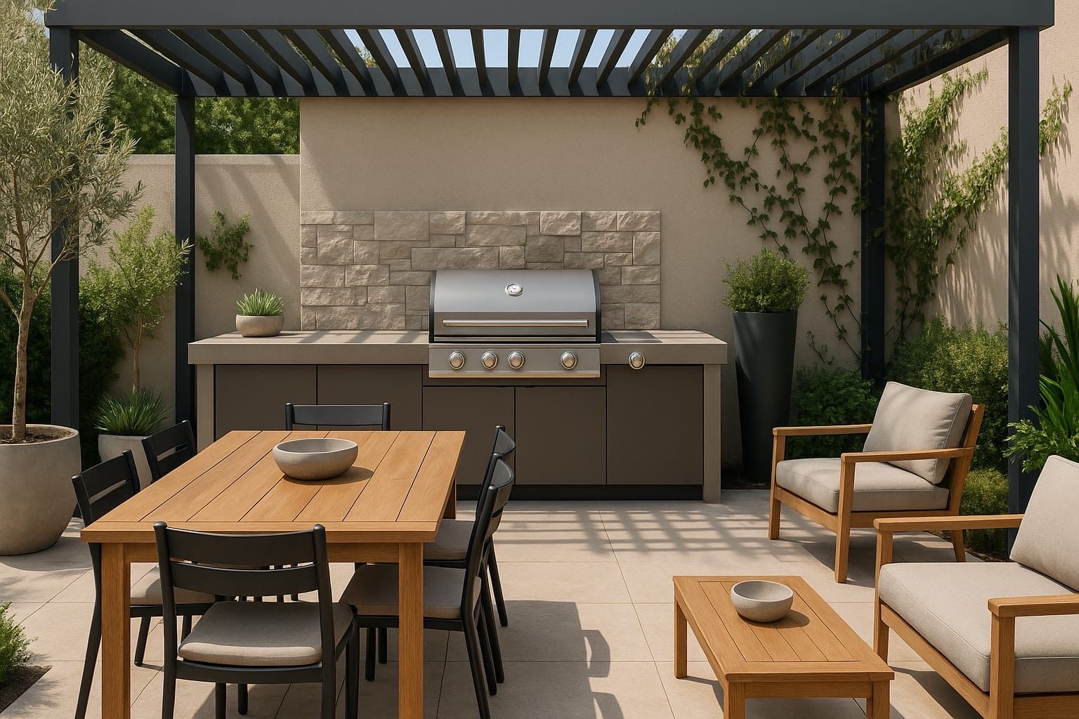Outdoor patio with grill, dining table, and seating under a pergola.
