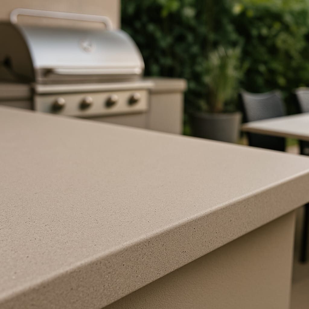 Outdoor kitchen island with a neutral-colored countertop. A grill and table are in the background.