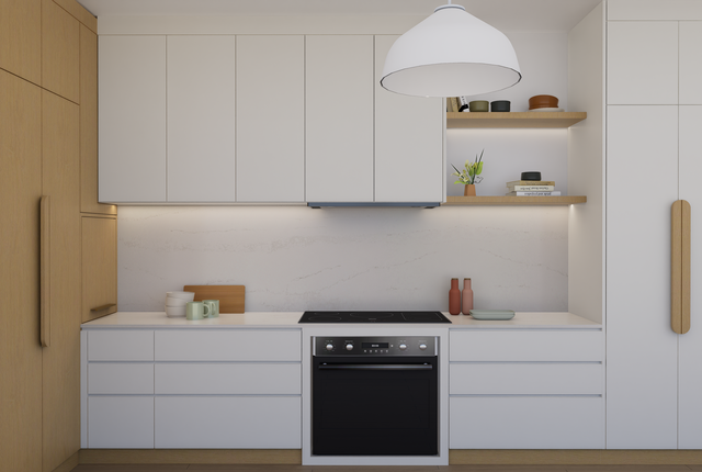 A Kitchen With White Cabinets and a Black Stove Top Oven — Better Stone in Caloundra West, QLD 