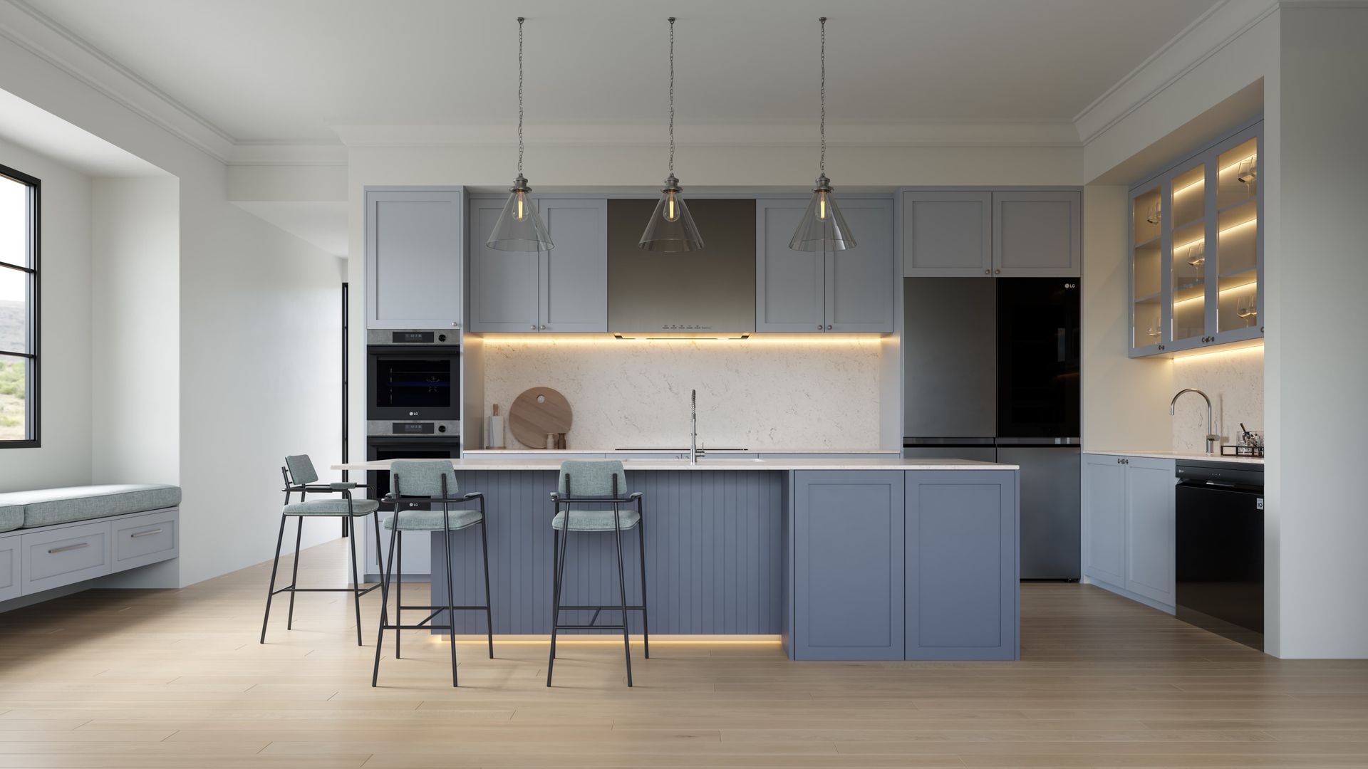 Modern Kitchen With Blue Cabinetry and Island, Stainless Steel Appliances — Better Stone in Caloundra West, QLD