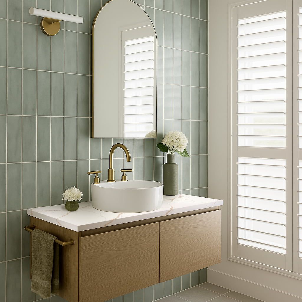 A Bathroom With a Sink a Mirror and Shutters — Better Stone in Caloundra West, QLD