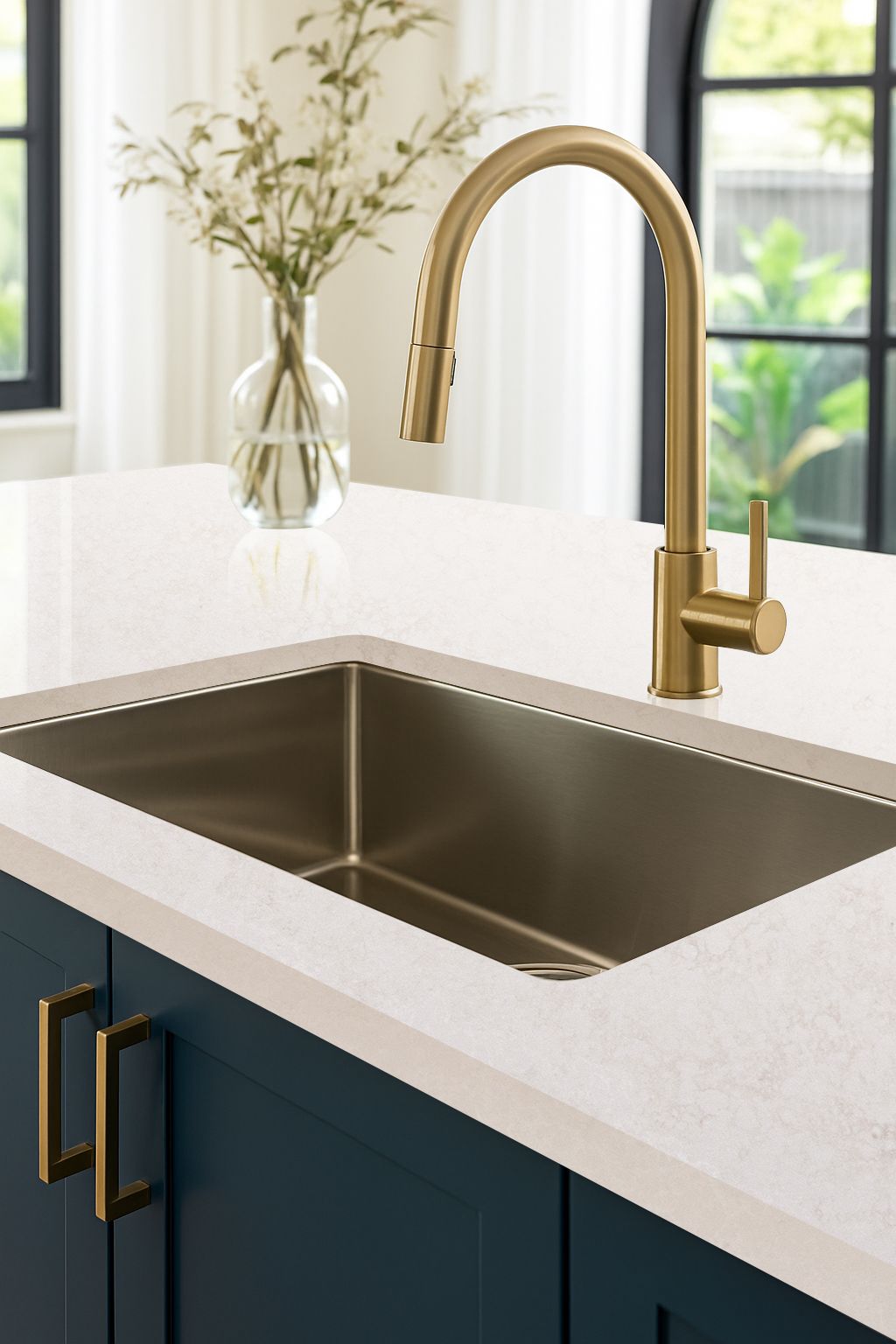 A Kitchen Sink With a Brass Faucet and a Vase of Flowers on the Counter — Better Stone in Caloundra West, QLD